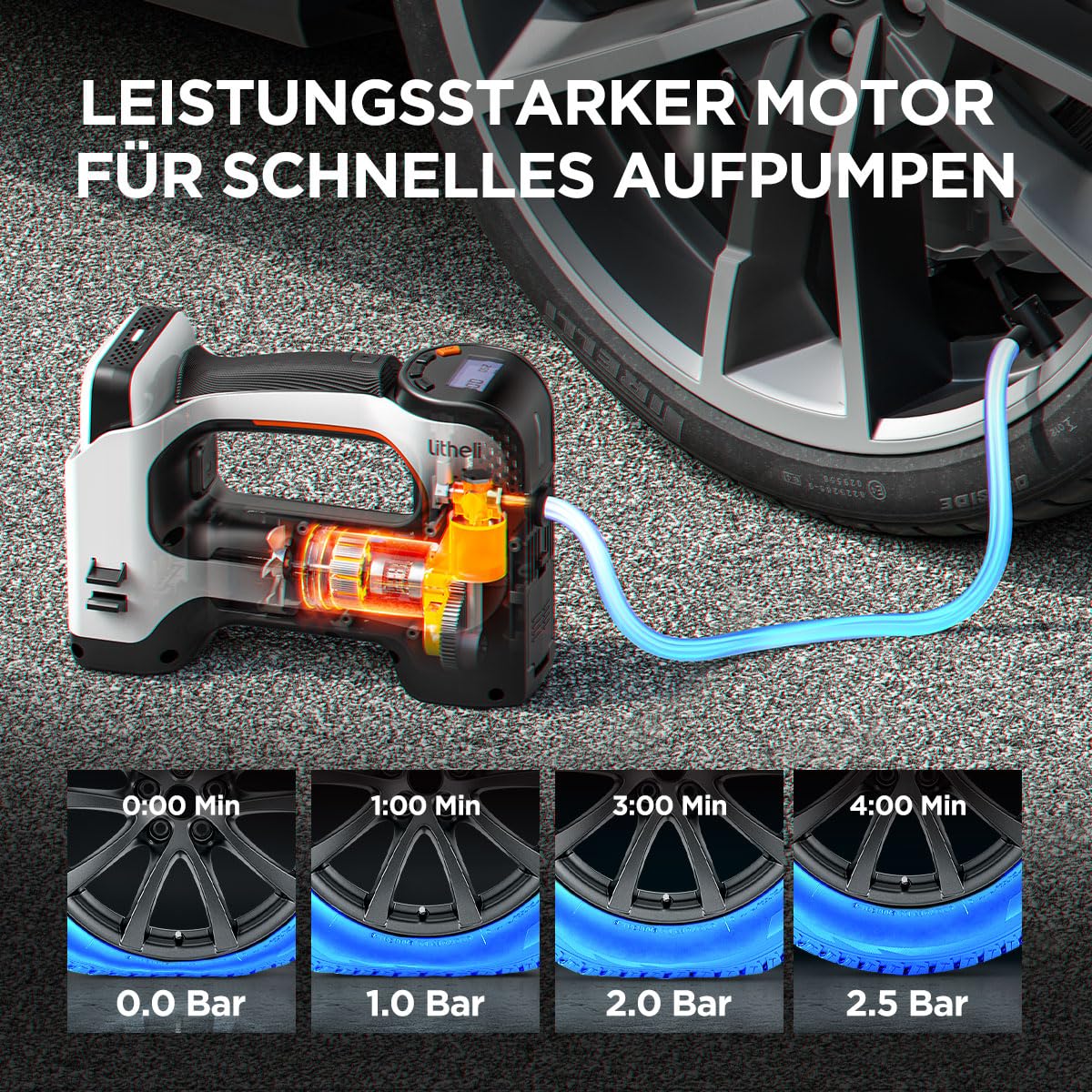 Litheli Elektrische Luftpumpe Tragbarer Akku-Kompressor 10000mAh Digitalanzeige LED-Licht Max 10,3 bar