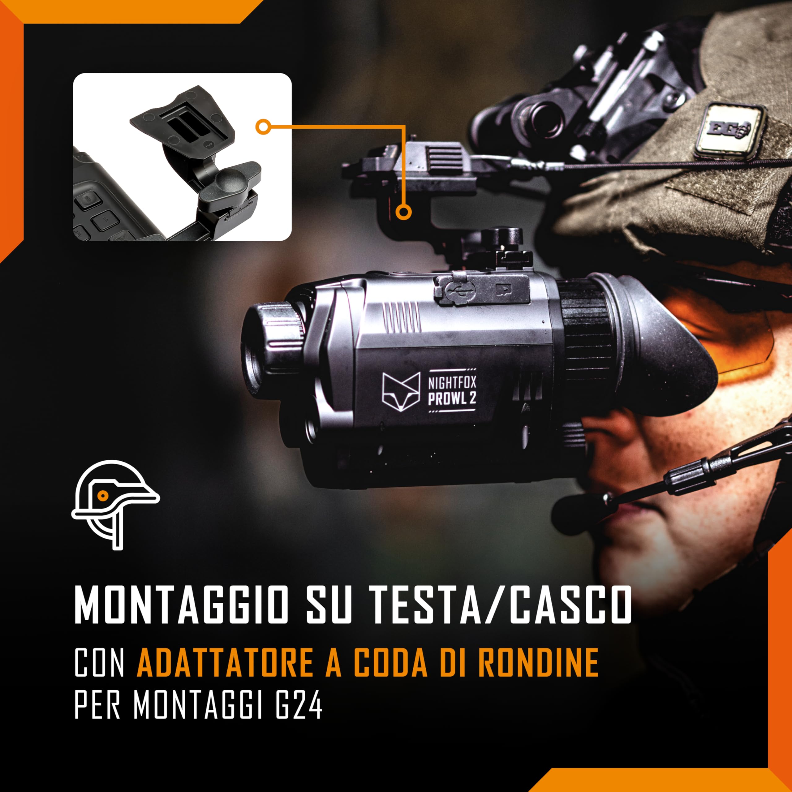 Nightfox Prowl 2 - Visore Notturno, Monoculare per Visione Notturna a Infrarossi, Lenti Fisheye e Grandangolari, IR a 940 nm, Impermeabile IP65, NVG Digitale Montato sulla Testa/Casco per Softair