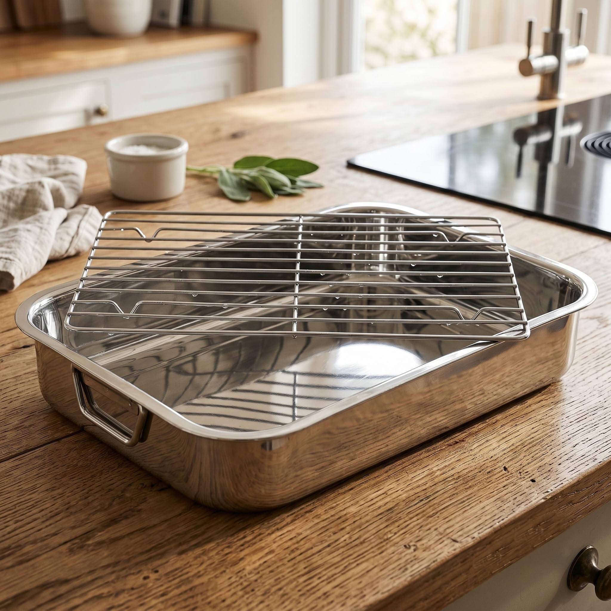 MGE - Oven Roaster with Grill - Taca do Pieczenia - Prostokątna Patelnia do Pieczenia w Piekarniku z Grillem - Stal Nierdzewna - 40 cm