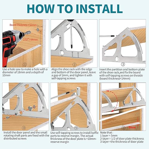 Miniatura 5 de PHITUODA Bisagras de gabinete de 3 capas para zapatos, accesorios de repuesto de acero inoxidable para cocina, sala de estar, 1 par