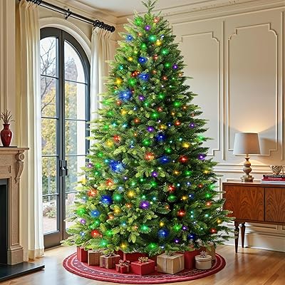 SHareconn 7.5ft Prelit Artificial Hinged Christmas Tree with 430 Color Changing RGB Lights(Upgraded),Remote Control,Fake Pre-Lit Lush Fraser Fir Tree with 2434 Branch Tips for Xmas Decoration, 7.5 FT