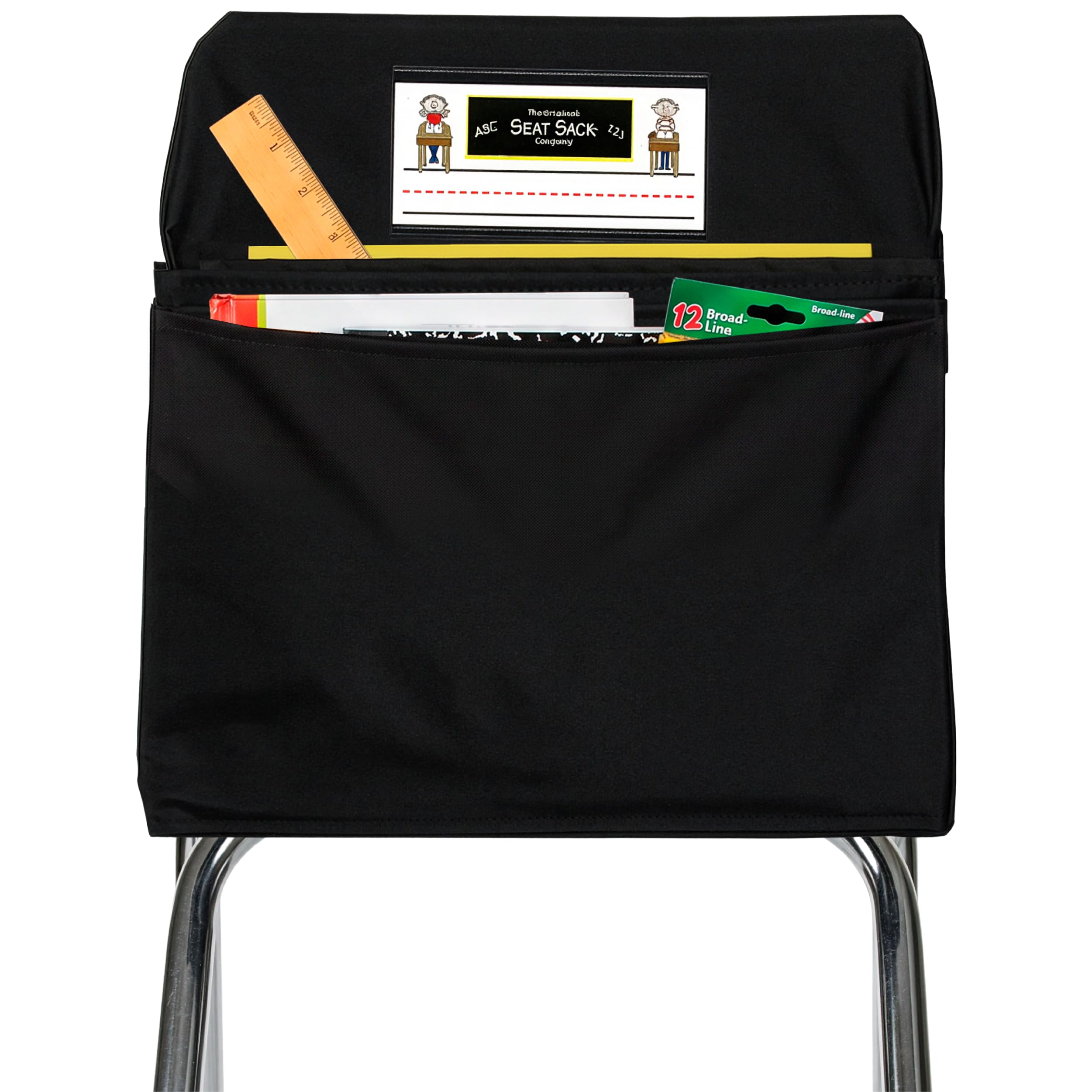 Seat Sack Student Chair Storage Pocket - 17", Double Pocket, Classroom Chair Organizer for Student Desks, Durable Over-the-Chair Storage, Ready-to-Use Name Tag Window, Black, 1-Pack