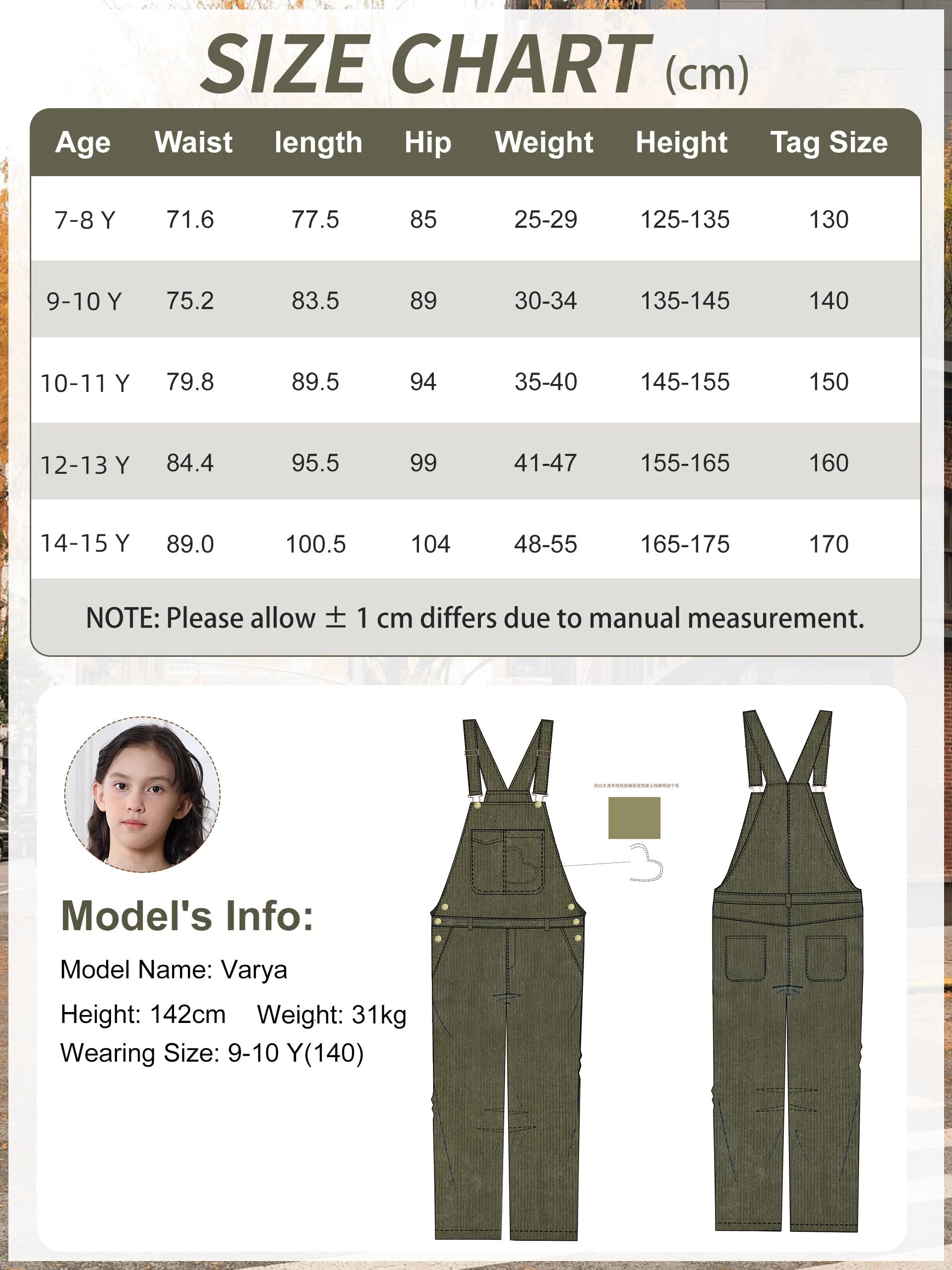 Rolanko Mädchen Cord-Overalls Anpassbar Träger Latzhose mit Taschen Baggy Loose Long Jumpsuit für Kinder