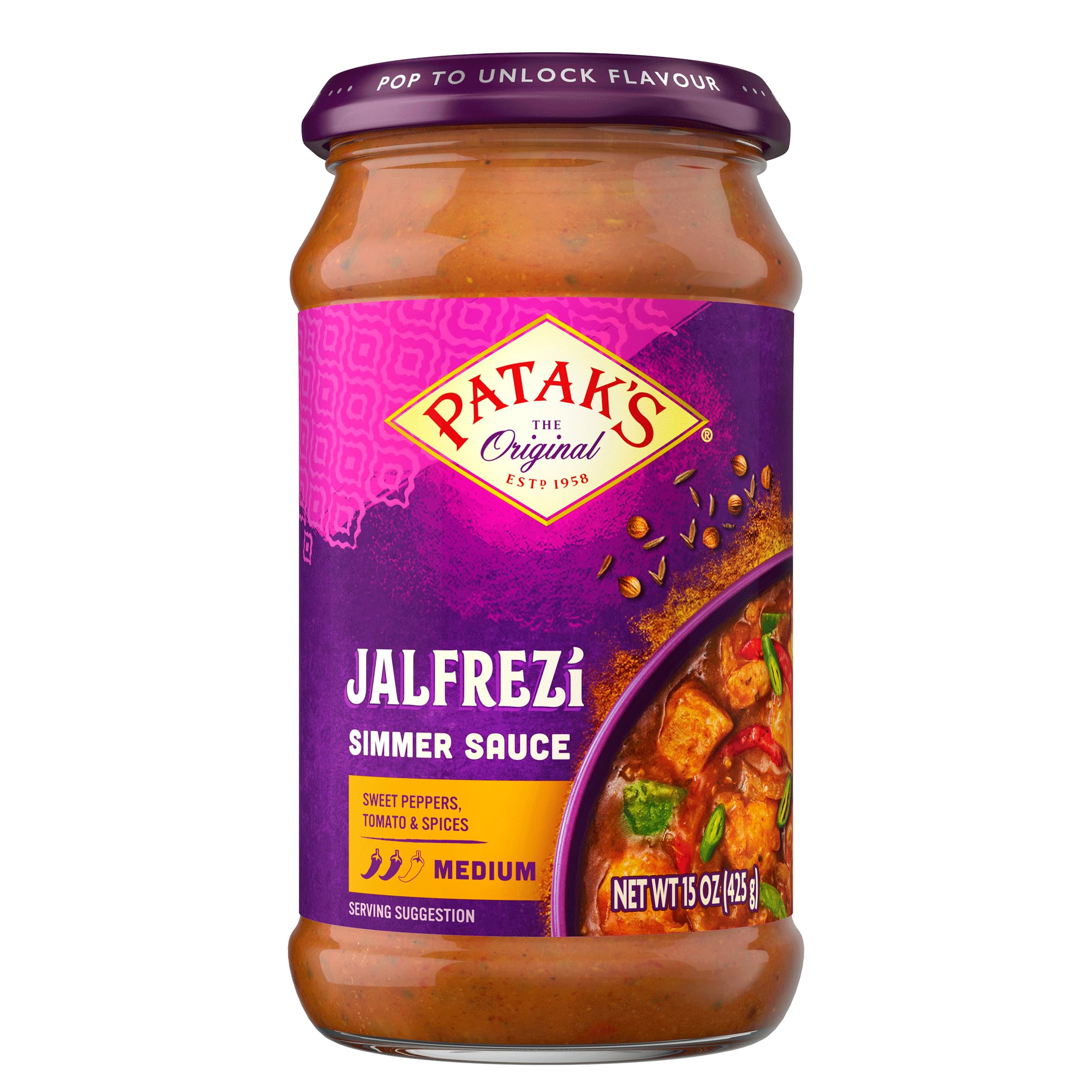 Patak’s Jalfrezi Simmer Sauce - Tomato-Based Curry Sauce with Green and Red Bell Pepper, Spices - Gluten-Free & Vegan Mild Indian Sauce - Perfect for Quick and Easy Curry Dishes - 15oz Jar (Pack of 6)