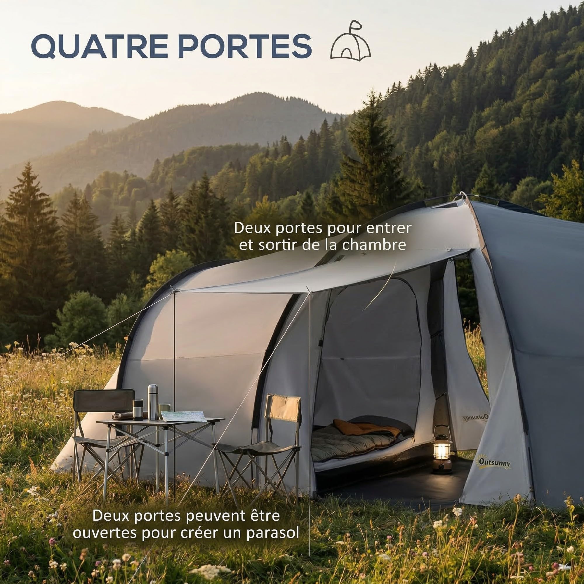 Outsunny Tente de Camping Familiale Dôme, 4-6 Personnes, Multicolore | 2 Chambres, 1 Séjour, Auvent Imperméable 2000 mm, Protection Anti-UV, Sac de Transport