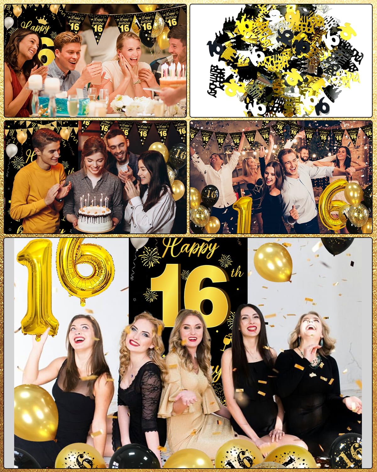 Decorazione 16° Compleanno Nero E Oro | 2 Striscioni: 'Happy Birthday' E 'Cheers To 16 Years' | 30x180 Cm | Per Interni/esterni | Compleanno Ragazzi E Ragazze