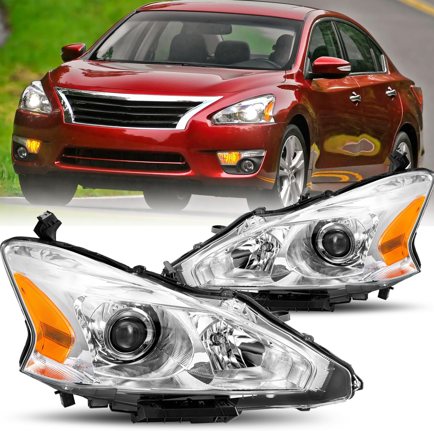 Headlight Assembly Set for 2013 2014 2015 Nissan Altima 4-Door Sedan Halogen Headlamp Driver and Passenger Side Chrome Housing with Amber Reflector