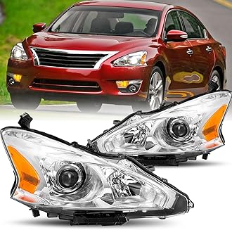 - Headlight Assembly Set for 2013 2014 2015 Nissan Altima 4-Door Sedan Halogen Headlamp Driver and Passenger Side Chrome Housing with Amber Reflector