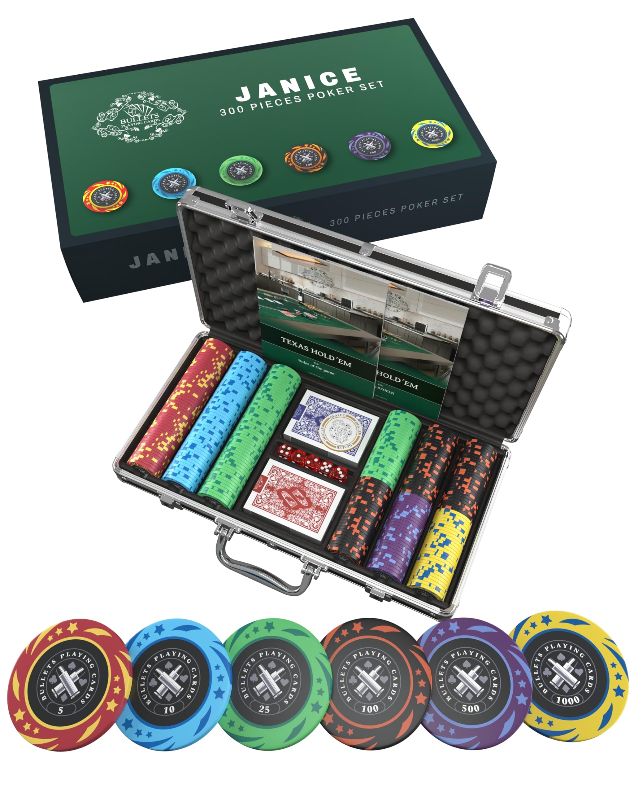 Janice Bullets Playing Cards Set da Poker 300 Chip Plastica con Valori Pulsante Ceramica Carte