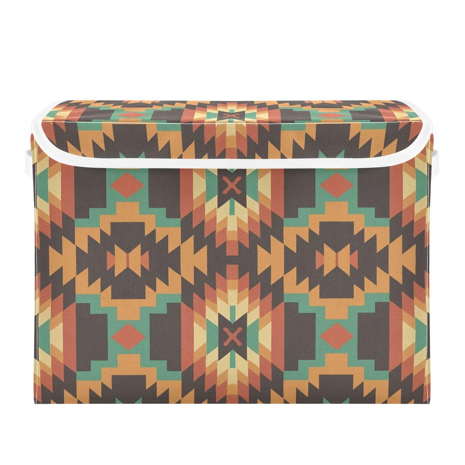 Ewusp Ethnic Printing Fabric Storage Bin with Lid, Decorative Foldable Storage Basket with Handles, Stackable Closet Shelf Organiser Box for Clothes, Books, Bedroom, Living Room