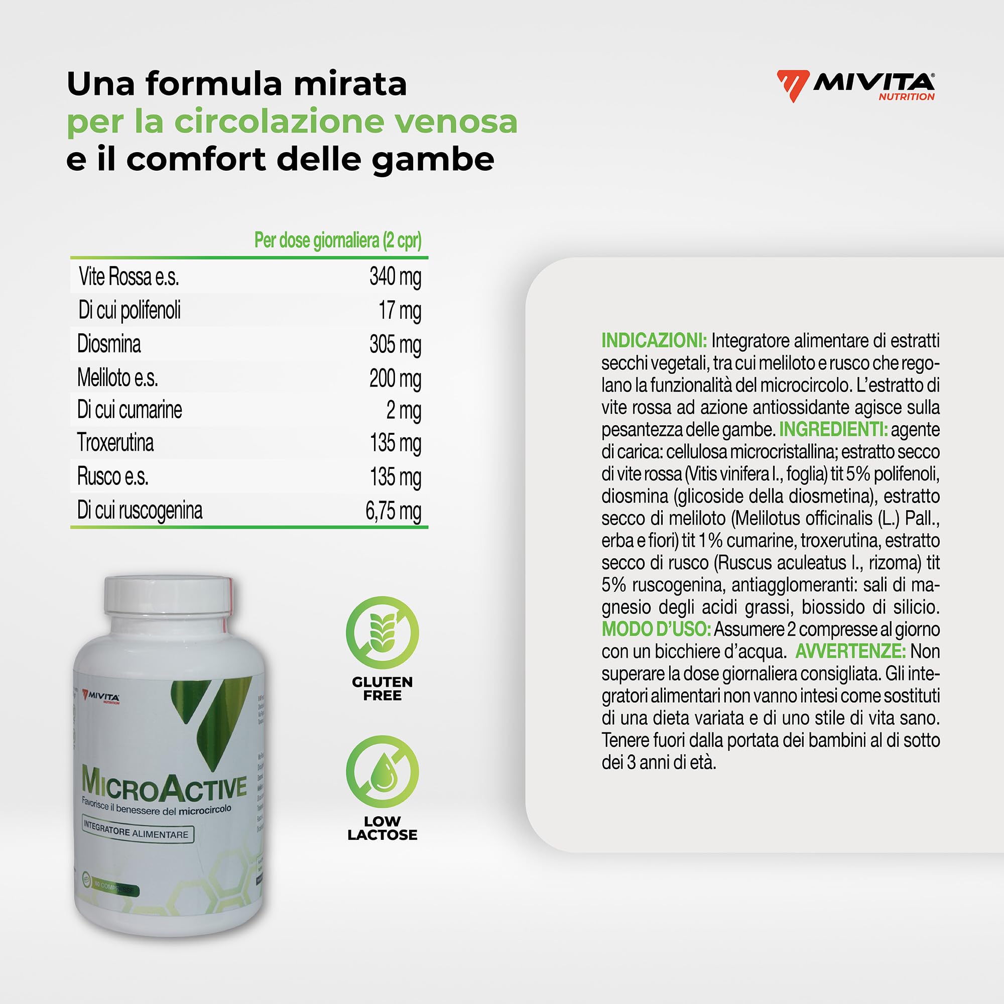 Mivita - Microactive Microcircolo 60 Compresse - Integratore per Circolazione Gambe e Vene - Diosmina, Troxerutina, Vite Rossa, Rusco e Meliloto - Drenaggio Linfatico e Ritenzione Idrica