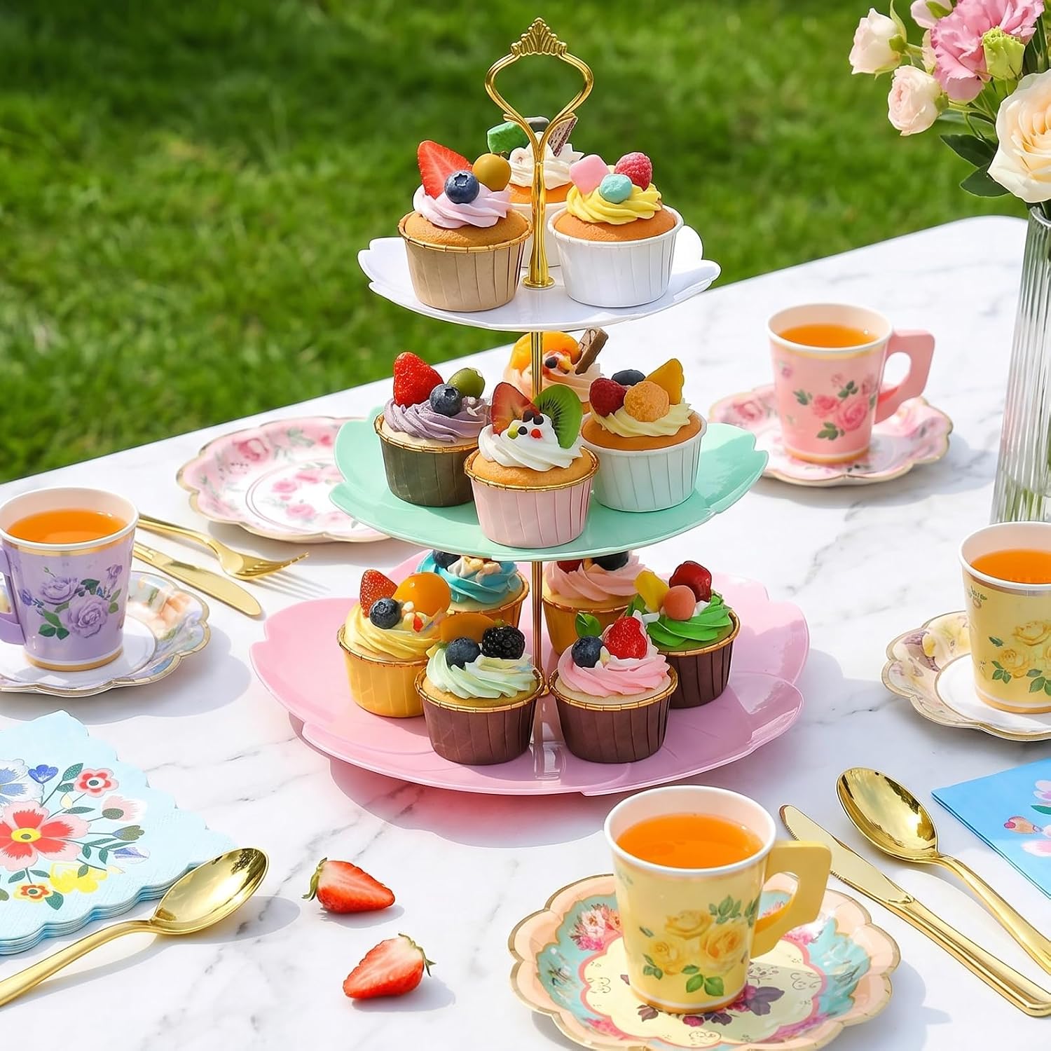 MAQUITA 12-Set Floral Tea Party Set with 2 Elegant 3-Tier Cake Stands, Disposable Vintage Tableware Includes Cups, Plates, Cutlery, Napkins for Fancy Party & Baby Shower Decorations
