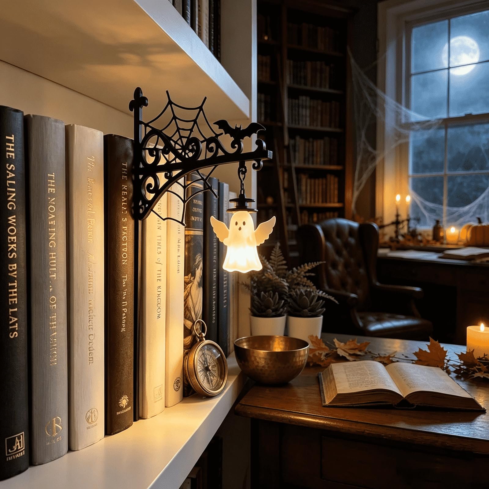 Halloween Library Lantern Mini Bookshelf Lamp, Halloween Decorative Bookshelf Lighting, Vintage Table Desk Bookcase Lamps, Little Reading Book LED Nightlight for Bedroom, Library (# C)