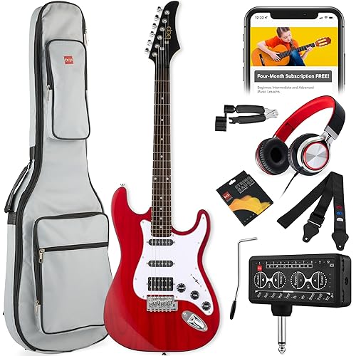Best Choice Products Beginner HSS Electric Guitar Kit w/Headphone Amp, Padded Gig-Bag, Headphones, Guitar Strap - Cherry Red/White