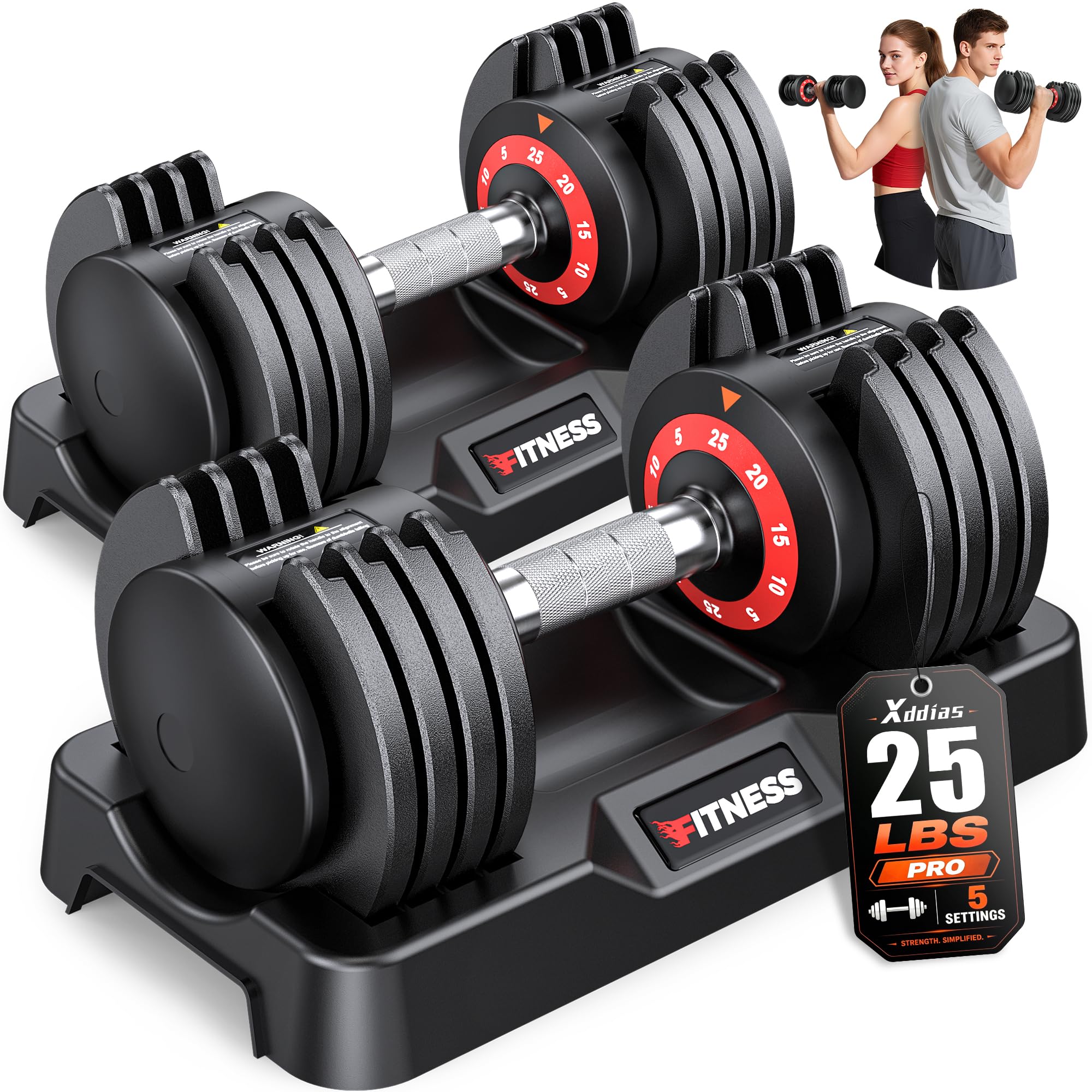 XDDIAS Adjustable Dumbbell Set of 2, 25/55/80LB Dumbbell Set-Fast Adjust Weights Set, 5/10/16 in 1 Free Weights Dumbbells Set with Anti-Slip Metal Handle, Compact Size for Men/Women Home Gym Equipment (25LBS)