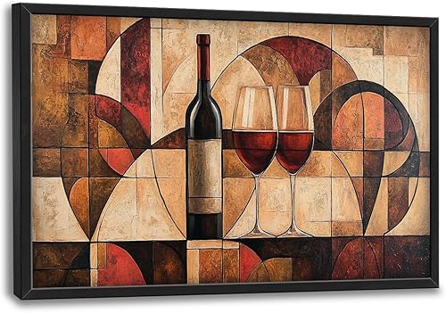 Arte de pared grande de copa de vino para sala de estar, copas abstractas vintage, lienzo enmarcado, decoración geométrica, cuadros de pintura, arte