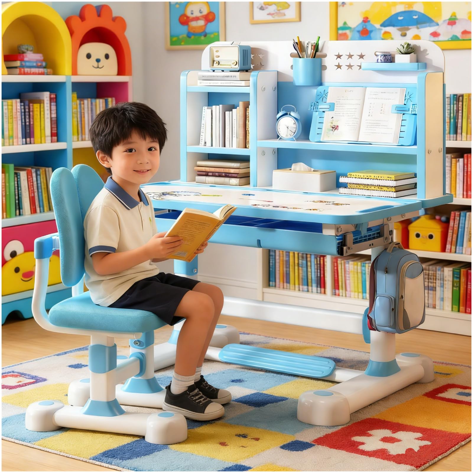 Set scrivania e sedia da studio per bambini, altezza regolabile, set di sedie da tavolo scolastico per bambini e ragazze, tavoli di apprendimento con lampada, supporto per libri, cassetto di