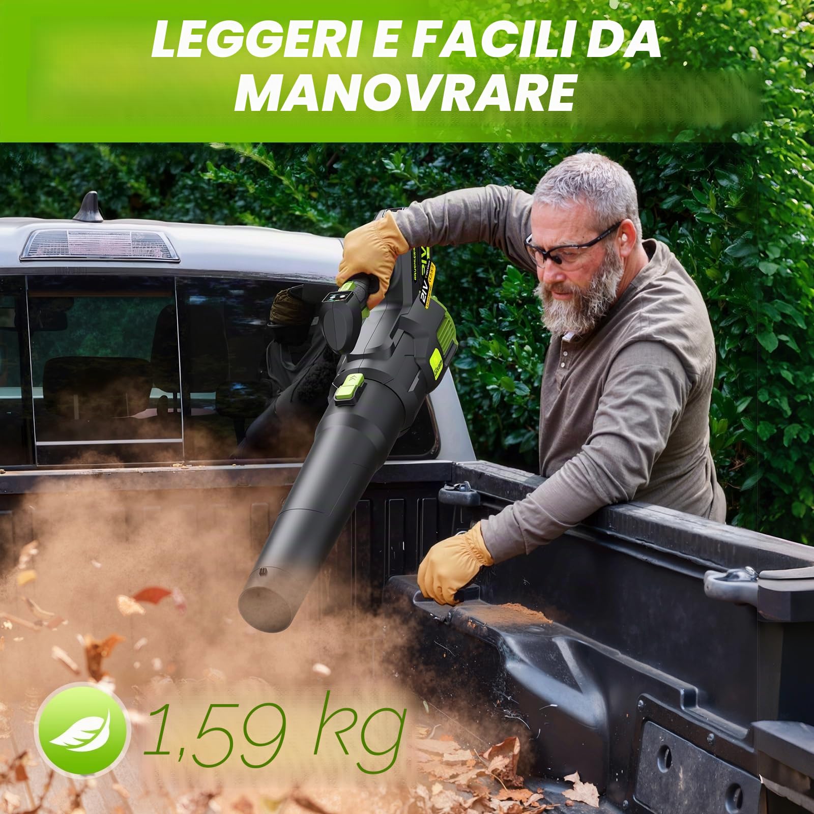 Soffiatore a Batteria, Gisam Soffiatore Elettrico Senza Spazzole con 2x4.0Ah Batterie, Soffiatore Foglie 2 Velocità+Turbo Modalità Max 25000RPM, Volume d'aria 750m³/h per Giardino