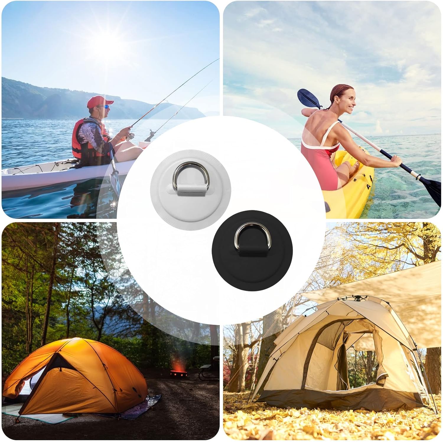 D Rings for PVC Inflatable Boat, 12pcs Pad/Patch D Rings Round Stainless Steel D-Ring Patch Dinghy Kayak Surfboard Paddle Board for PVC Inflatable Boat Kayak Canoe Deck Accessories, White Black