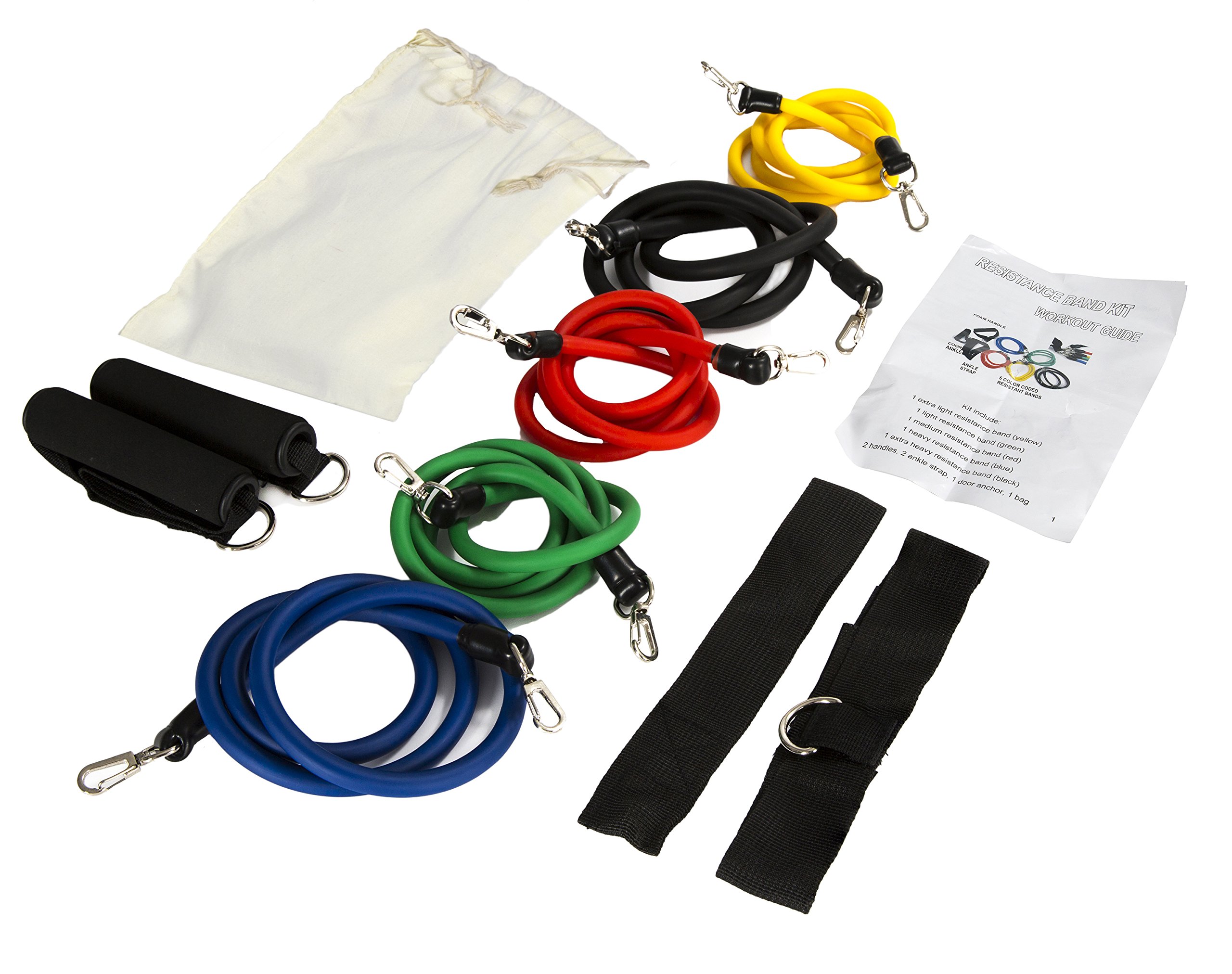 Deluxe Resistance Band Set. Includes: Door Anchor, Exercise Guide, 2 Ankle Straps, 2 Soft Grip Handles, Unique Metal Easy-Clip System, Carrying Case, and 5 1200mm Resistance Bands