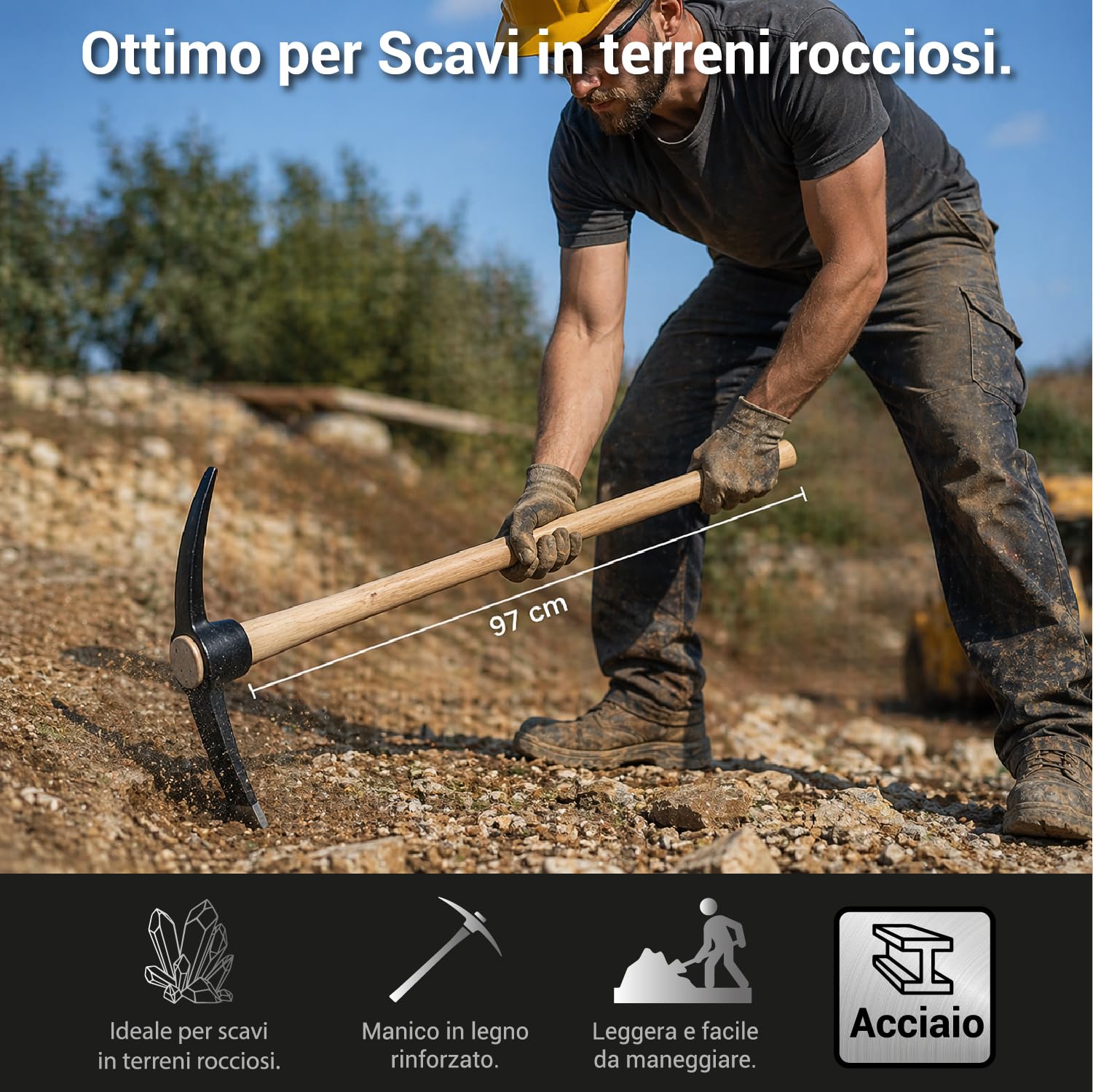 Crisalide® Piccone in Acciaio Temprato 47 cm con Manico in Legno di Faggio 97 cm – Attrezzo da Scavo Robusto per Terreni Rocciosi, Superfici Dure e Lavori Agricoli Intensivi