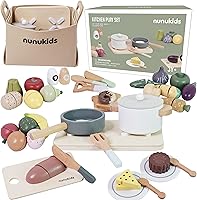 nunukids 42pc Wooden Play Food Set for Kids Kitchen - Pretend Cutting Toys with Storage Basket, Educational Play Food Accessories