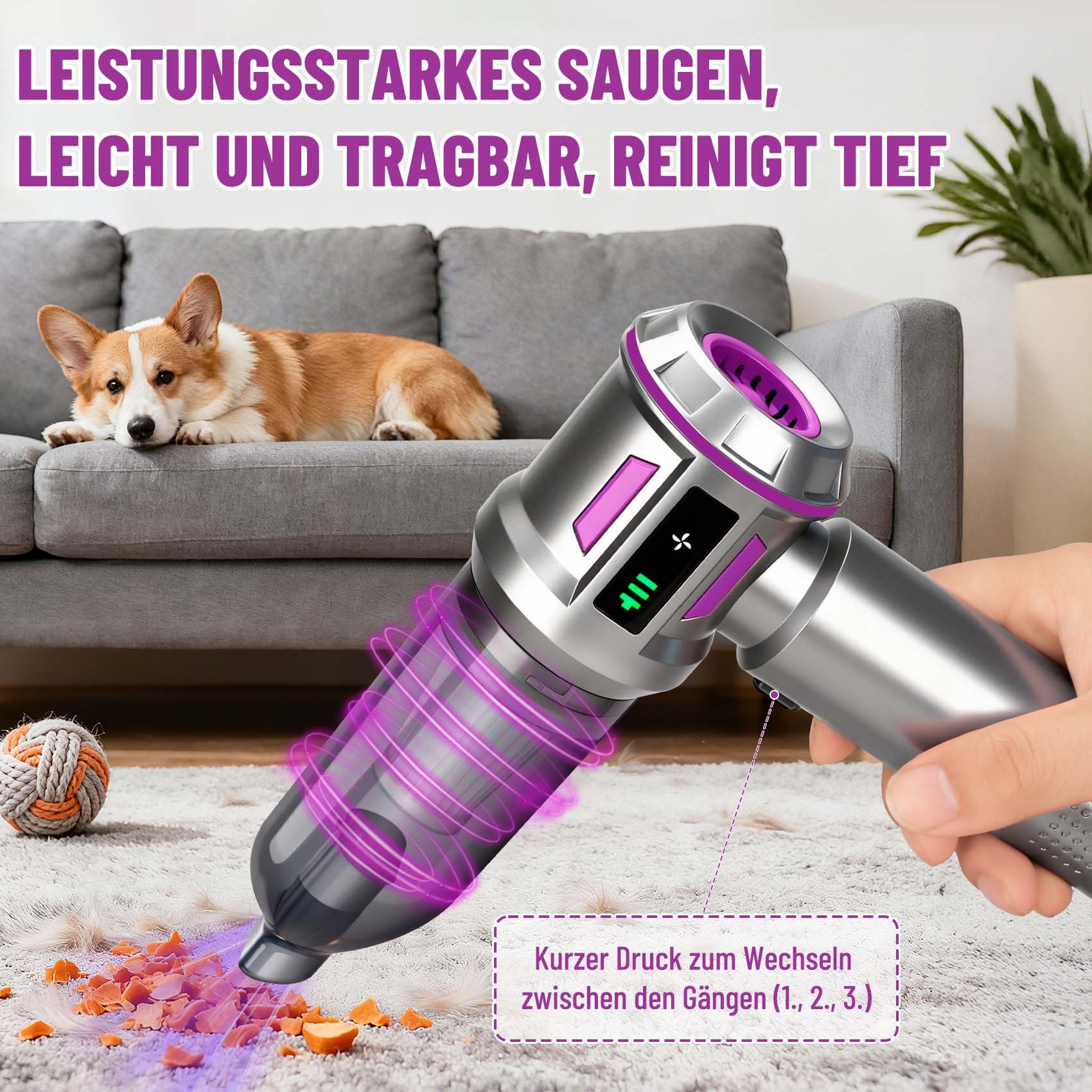Handstaubsauger Akku Kabellos 27000Pa, Mini Autostaubsauger mit 220000rpm Bürstenlosem Motor, Leicht & Tragbar, 3-Stufen Saugkraft für Auto, Sofa, Haustierhaare, Küche & Büro
