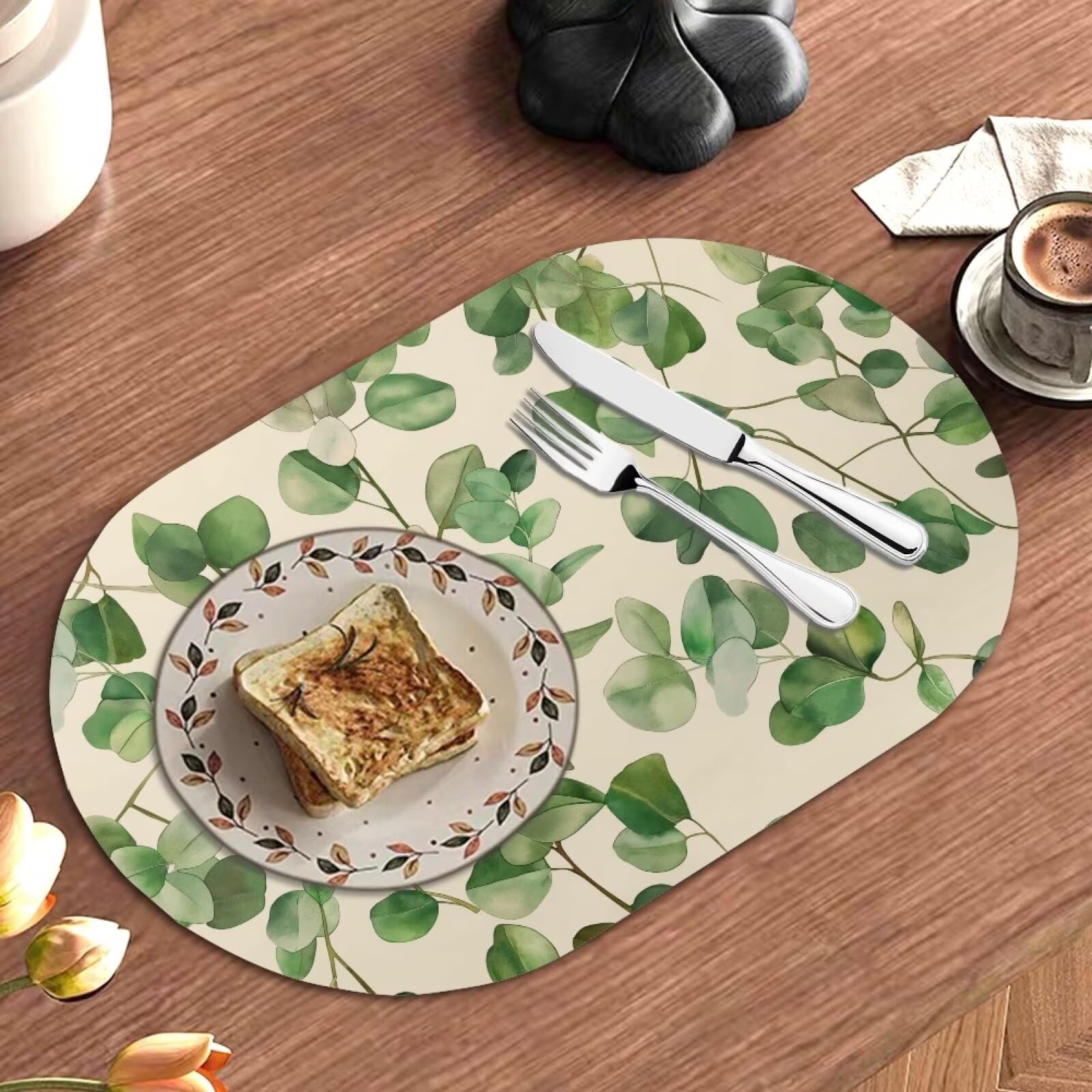 Poceacles 6 manteles individuales antideslizantes impermeables resistentes al calor, de piel sintética, ovalados, para mesa de café, 46 x 31 cm, para interiores y exteriores, fiestas, decoración del