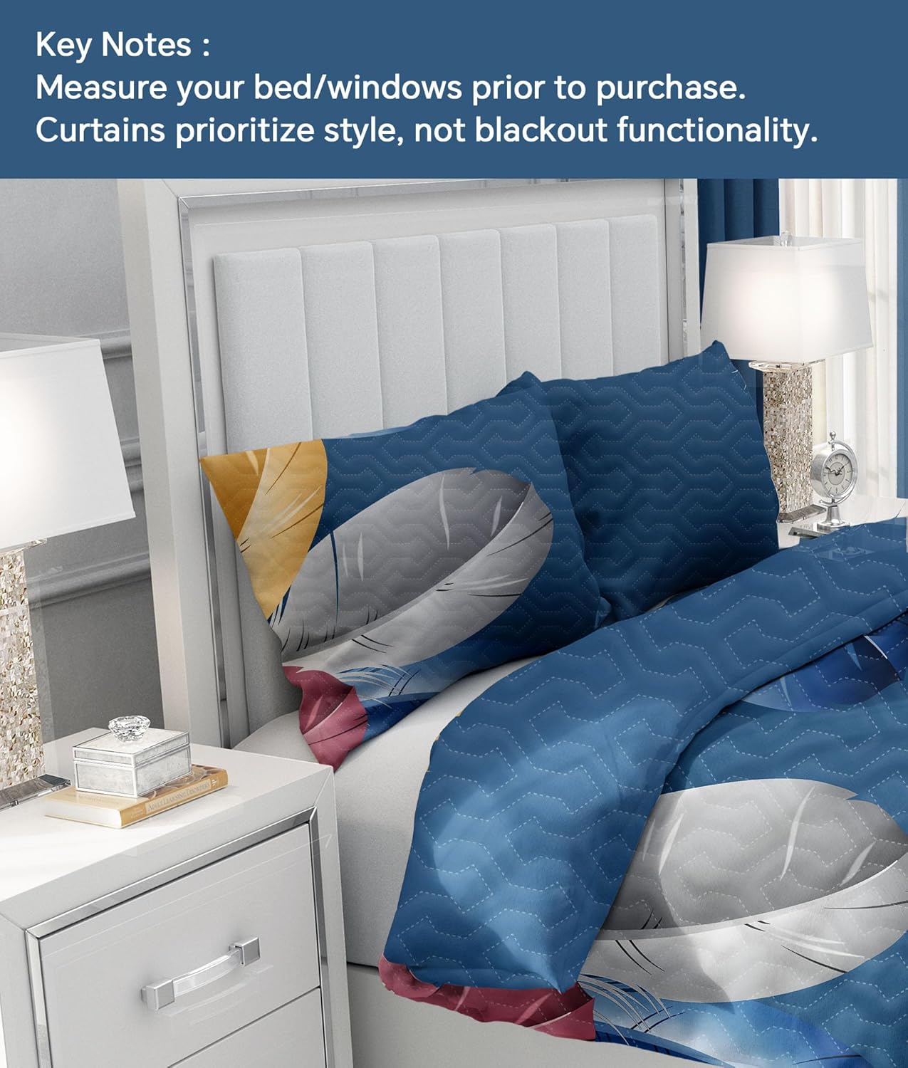 9 Pcs Queen Bed in A Bag with Curtains | Blue Feather Boho Bedspread, 2 Pillowcases, 2 Print & 4 Solid Curtains | Microfiber, Silky Soft | Bedroom, Rv Decor