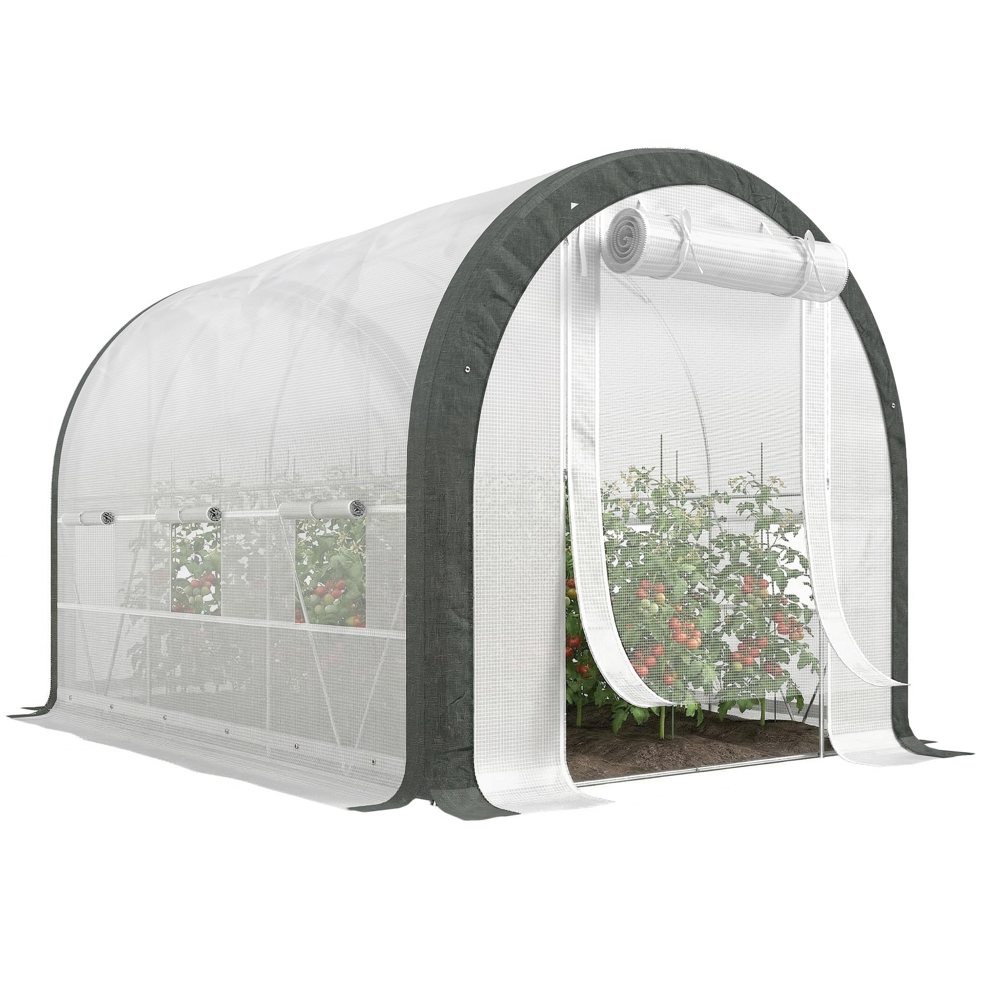 Outsunny 3 x 2(m) Walk-in Polytunnel Greenhouse with Upgraded Structure, Zipped Roll Up Mesh Door, 6 Mesh Windows, Tunnel Warm House Tent with PE Cover, 6 Plant Labels and Gloves, White โ image 1