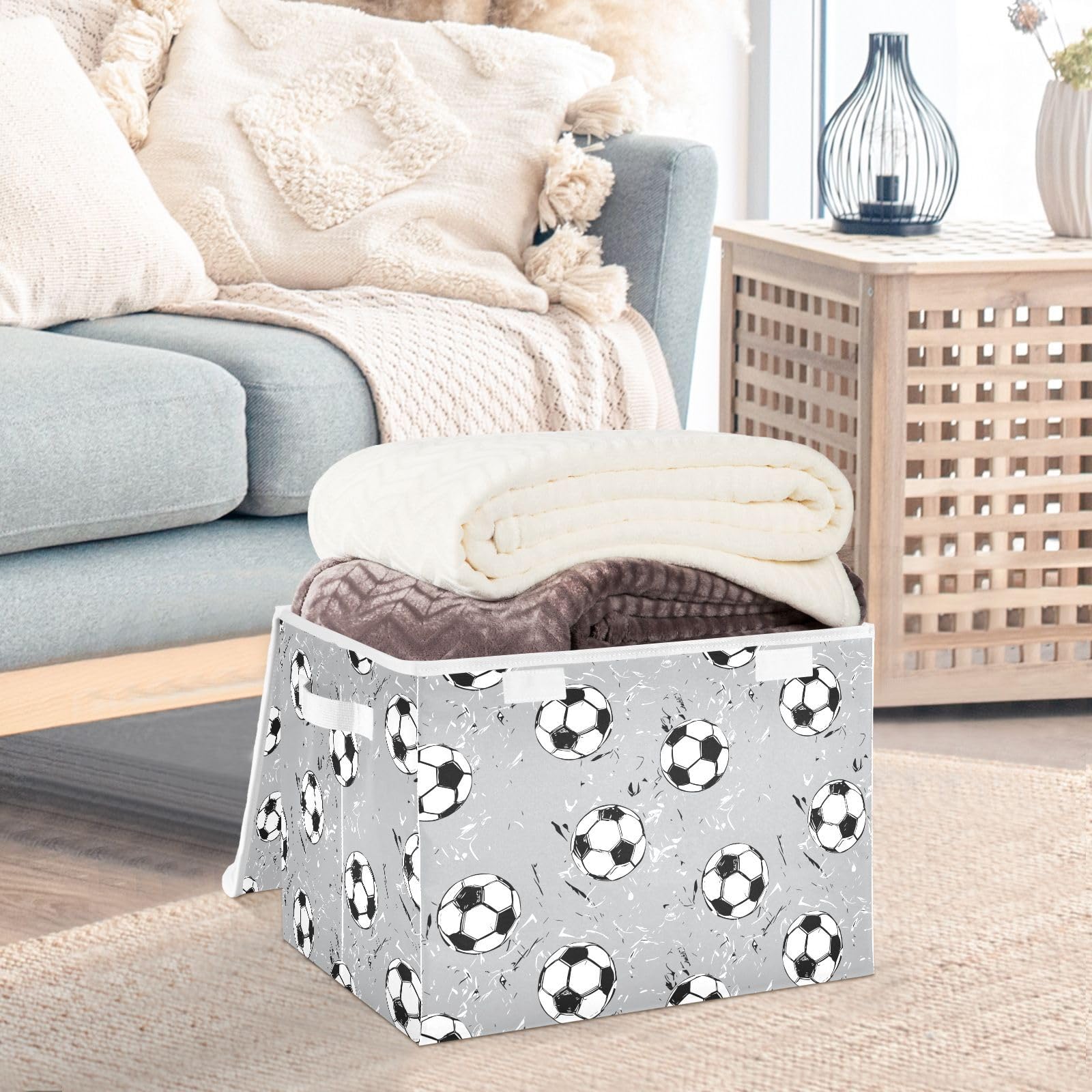 Mnsruu Storage Boxes with Lids, Football Grey Large Storage Basket Organizer Shelves Cube Bin Toy Clothes Underbed - Image 3