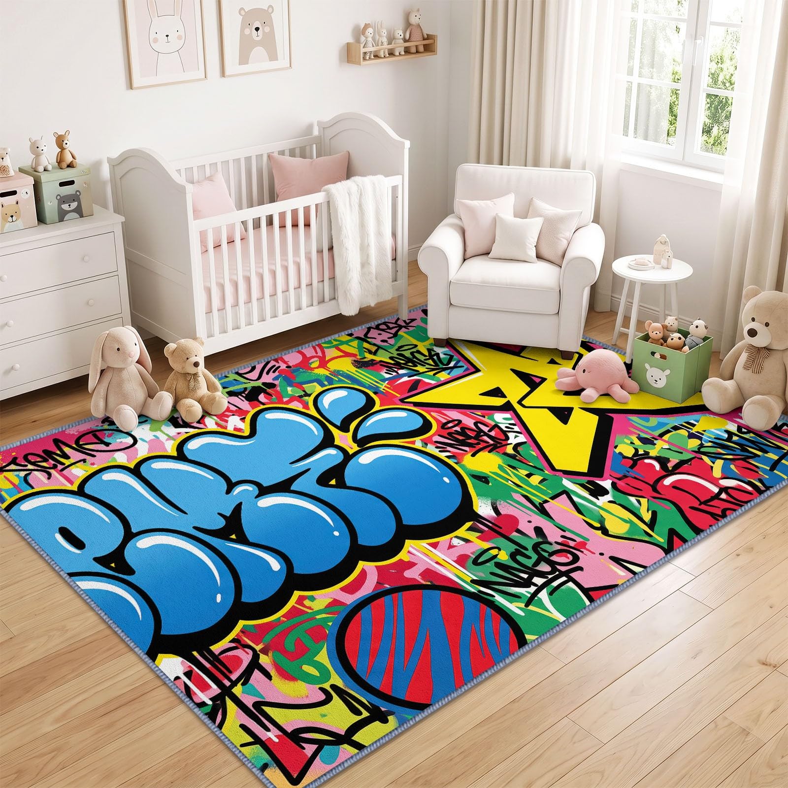 Générique Tapis Lavable Graffiti Lettre 120x170 cm, pour Salon Chambre Cuisine Salle à Manger Bureau Salle de Bain, Pop Art Funky Tapis Poils Courts, Antidérapant
