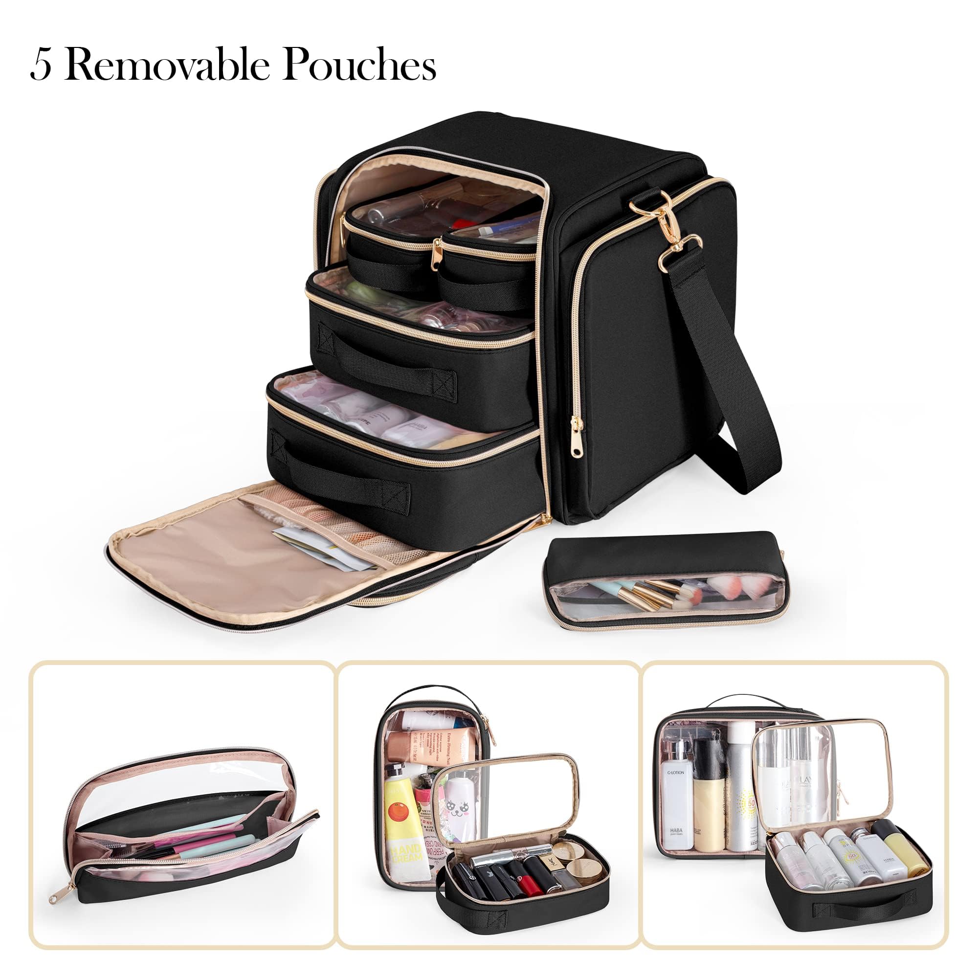 Prokva Makeup Bag Travel Bag with 5 Inner Cases, Large Cosmetic Case Organizer, Black - Image 2