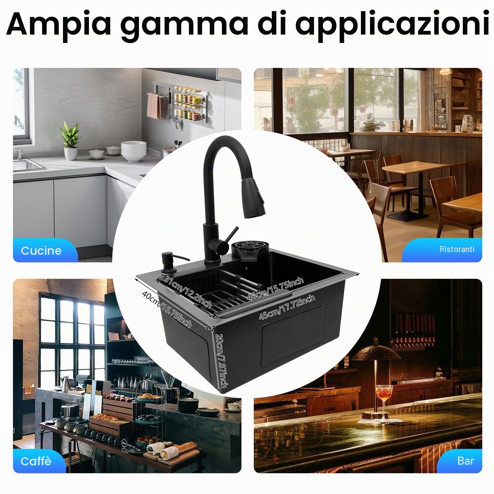 Lavello da cucina in acciaio inox, 45 x 40 cm, colore nero, con rubinetto estraibile e lavastoviglie per tazze, 1 vasca, lavello da incasso, con tubo di scarico, dispenser per sapone, cestello