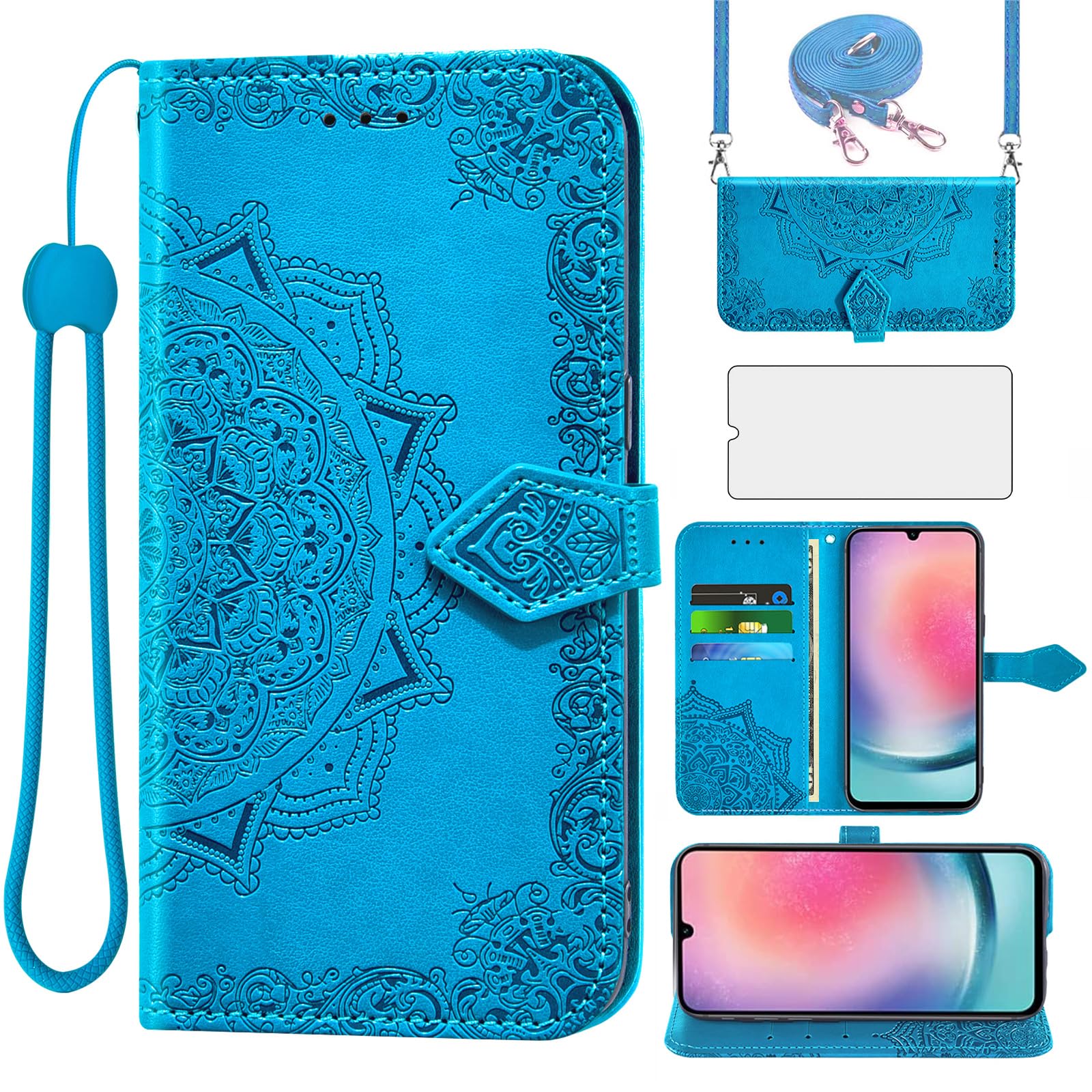 Asuwish Handyhlle fr Samsung Galaxy A24 4G Hlle mit Band und Glas Folie  Schutzfolie Kartenfach Klappbar Leder Geldbrse Stnder A 24 24A Handy ...