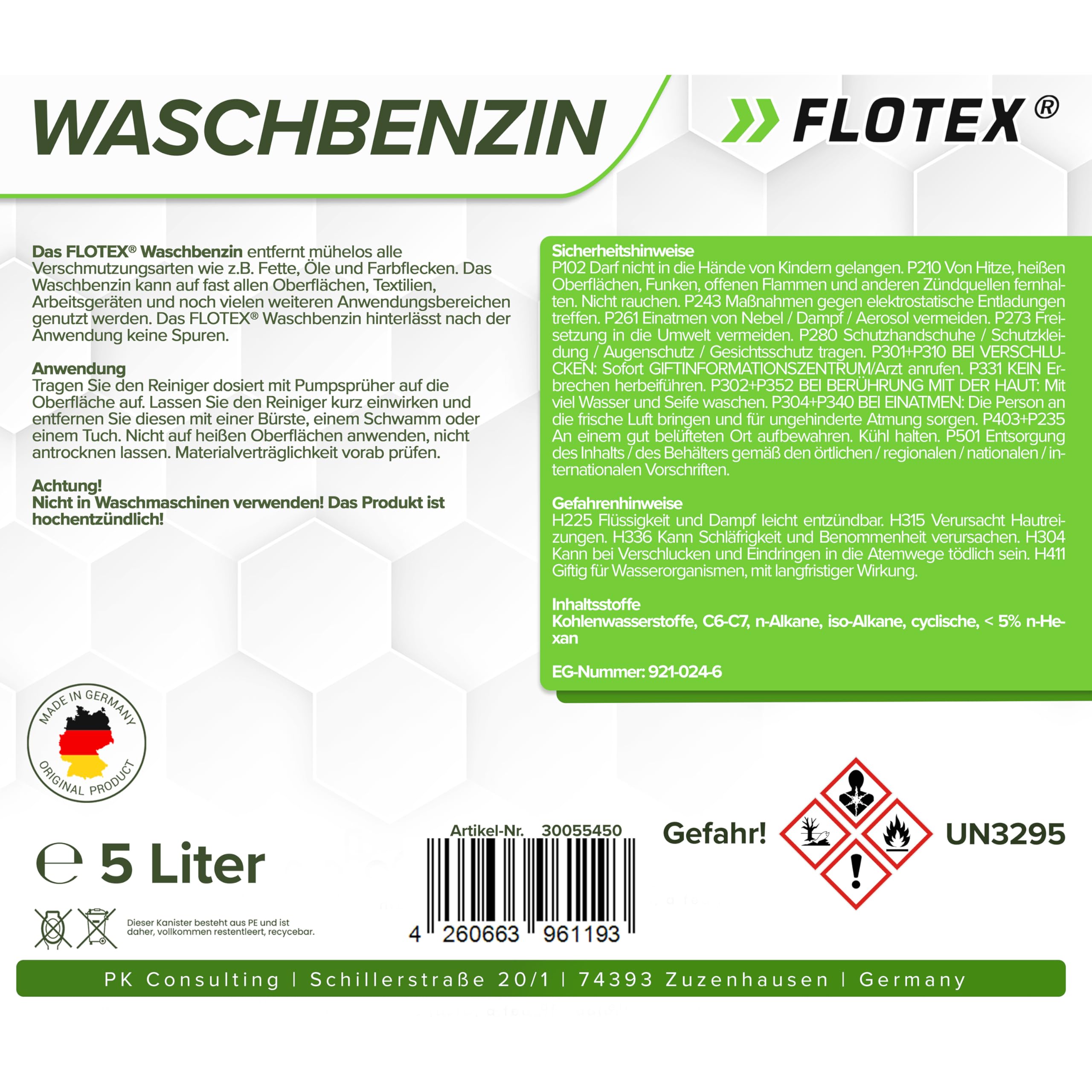 Waschbenzin 5L - Lösungsmittel für Fleckentfernung auf Textil, Kunststoff, Oberflächen & Arbeitsgeräten - Waschbenzin Reinigungsbenzin - Benzin Reiniger