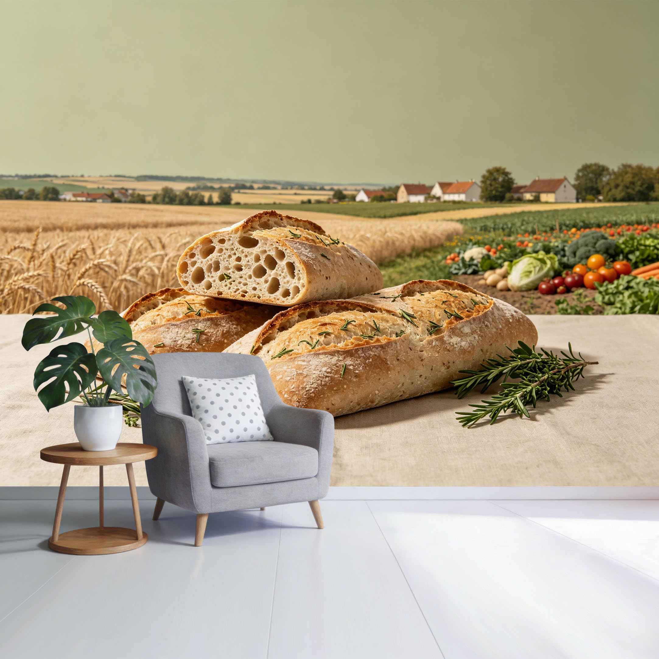 Custom Size Wall Mural Farmhouse Fresh Bread and Wheat Field Vegetables Still Life Rustic Landscape SelfAdhesive Wall Fabric Removable Wallpaper for Home Office Decor