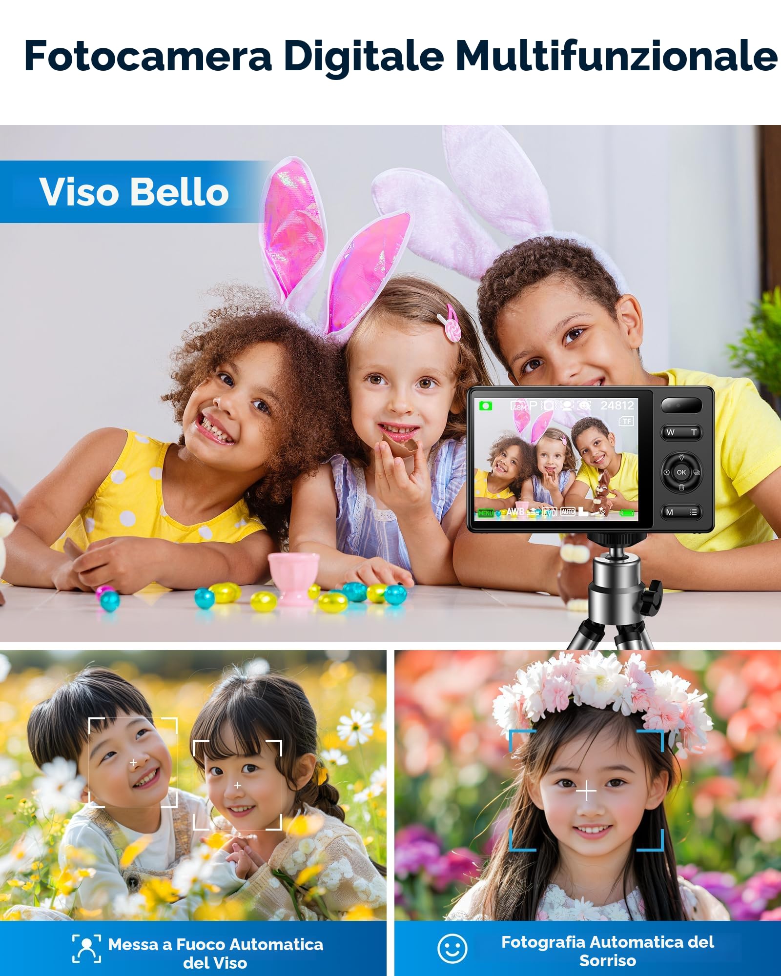 Fotocamera Digitale Bambini Compatta 64GB: 48MP Fotografica Anti-Shake Fotocamera Vlogging per YouTube 16X Digital Zoom Photo Filtrazione Ripresa Continuo Automessa a Fuoco Fotocamera