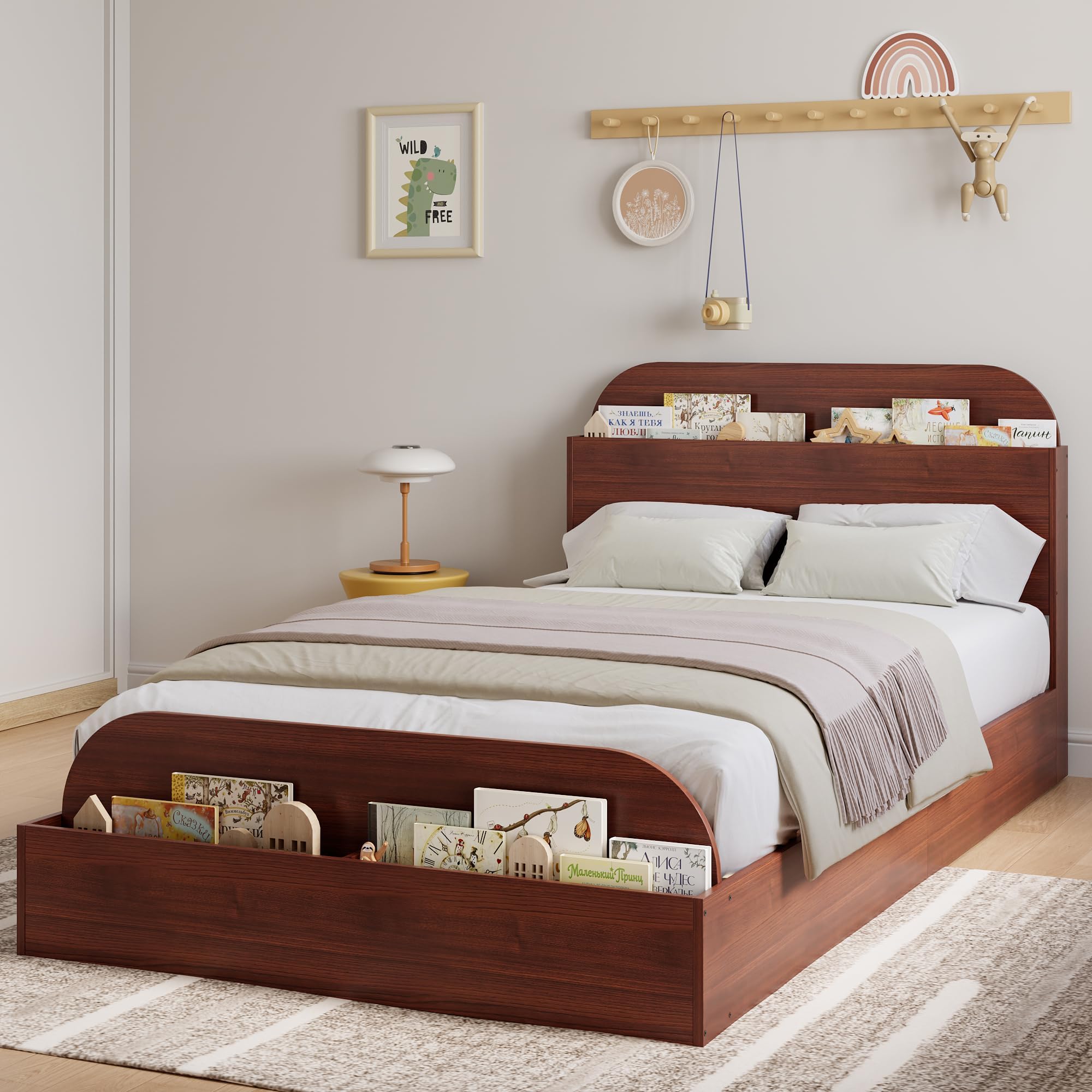 garvee twin xl size bed frame with storage headboard and raised footboard | wooden twin-floor low platform bed for kids, heavy duty & noise free, no box spring needed, espresso
