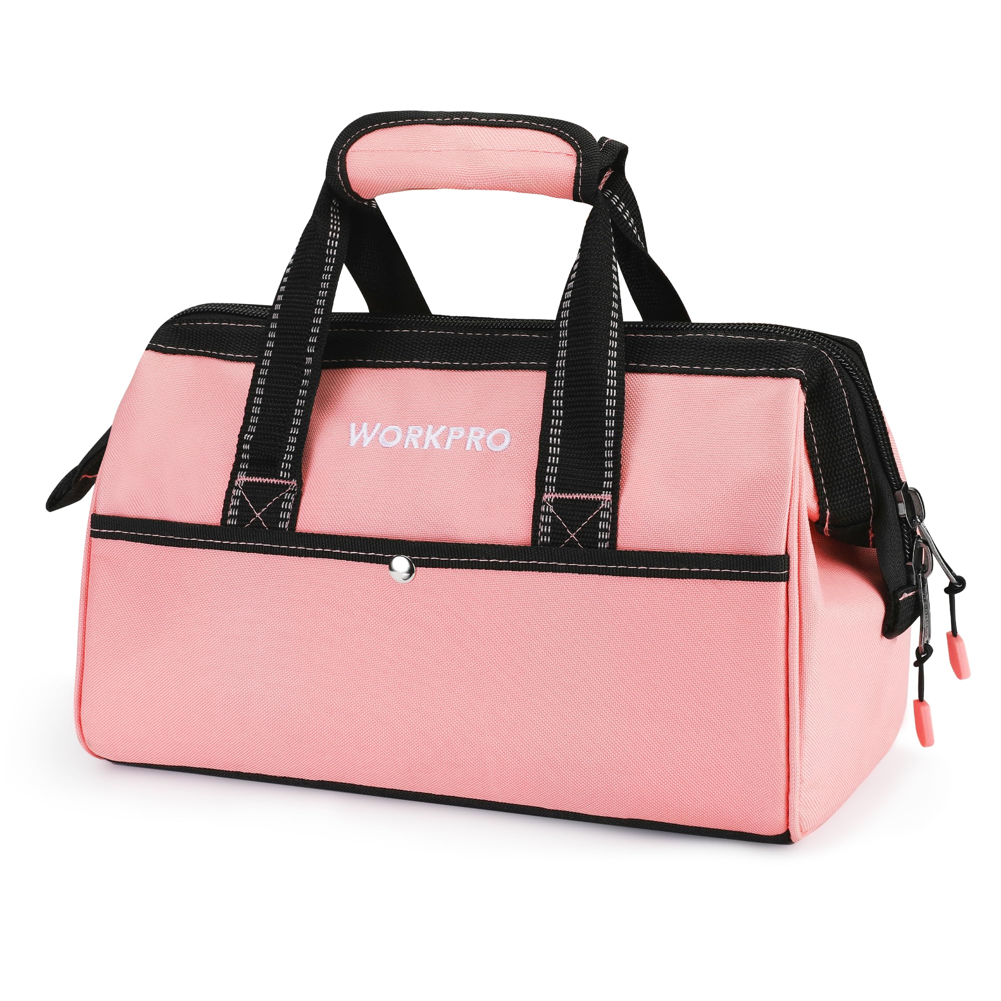 WORKPRO Bolsa de herramientas de 13 pulgadas, bolsa de almacenamiento de herramientas de tela suave rosa, bolsa de herramientas de boca ancha con bolsillos interiores, cinta rosa
