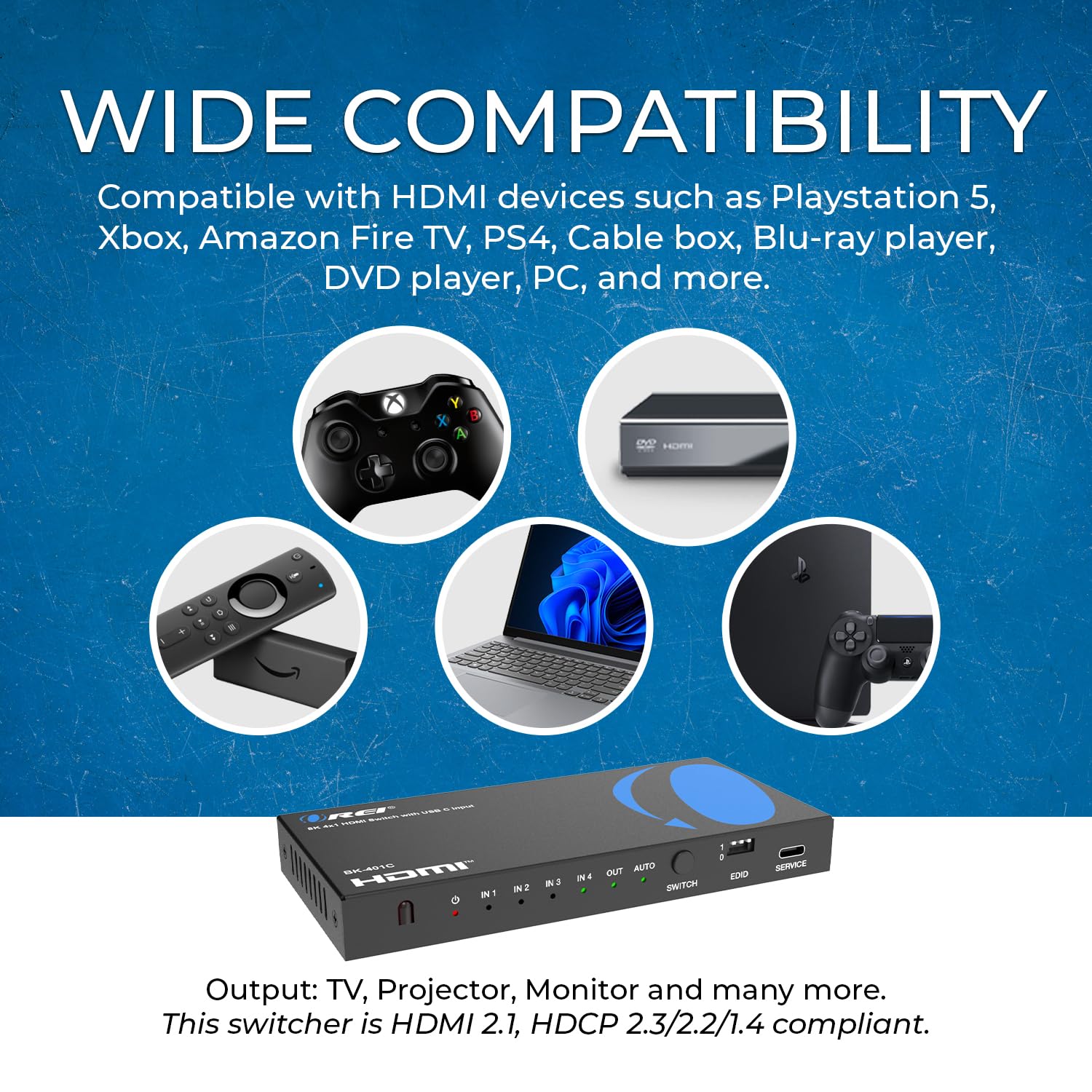 OREI 8K 4x1 USB-C/HDMI 2.1 Switch 4K @ 120hz Switcher 4 in 1 Out, supporto HDR, HDR10, Dolby Vision, HLG 48Gbps per Xbox Series X PS5 Roku Fire TV Monitor proiettore Dolby