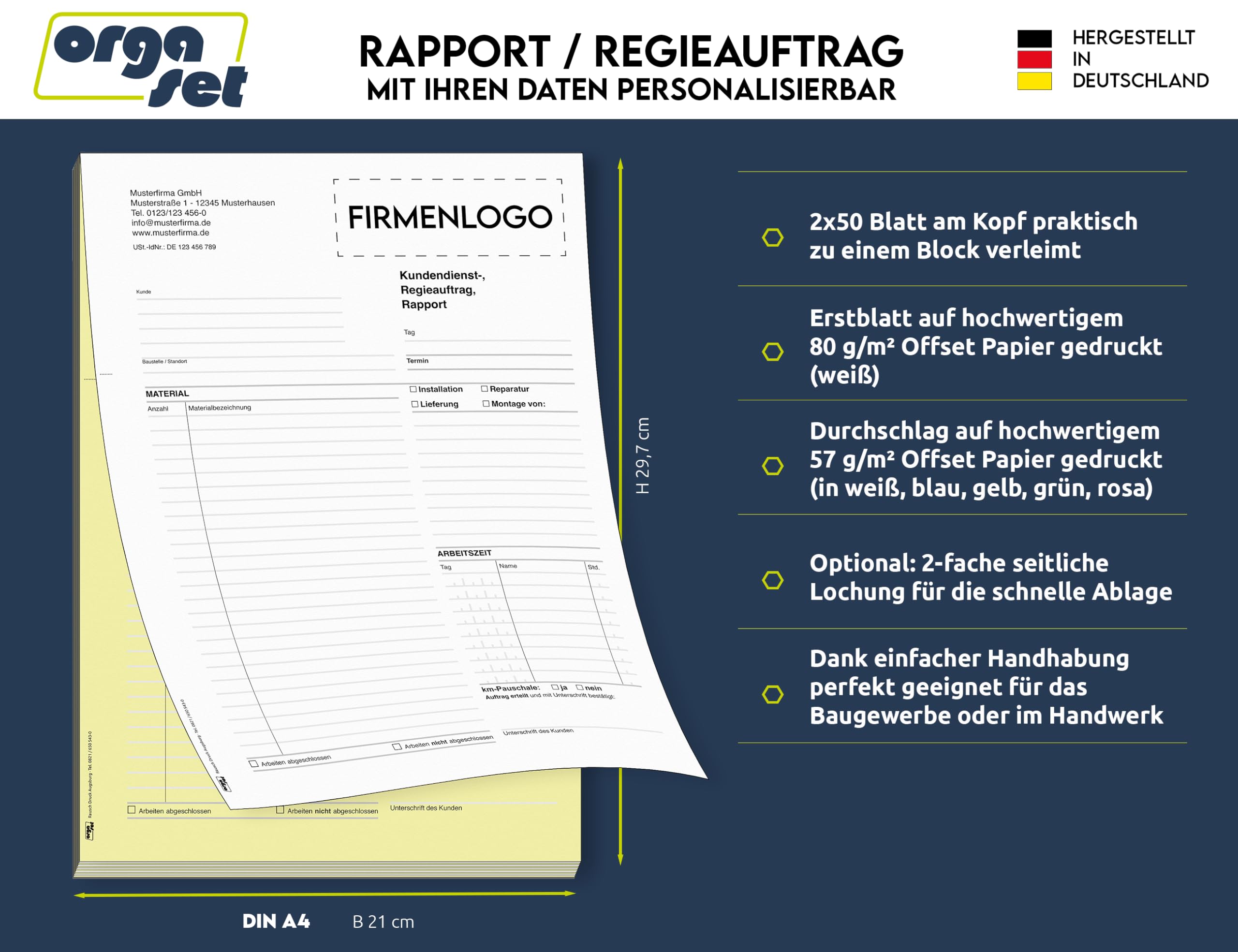 Regiebericht/Rapport | personalisierbar mit Logo und Anschrift | DIN A4 | 2-fach oder 3-fach selbstdurchschreibend | 5x Durchschreibeblock mit je 50 Sätzen