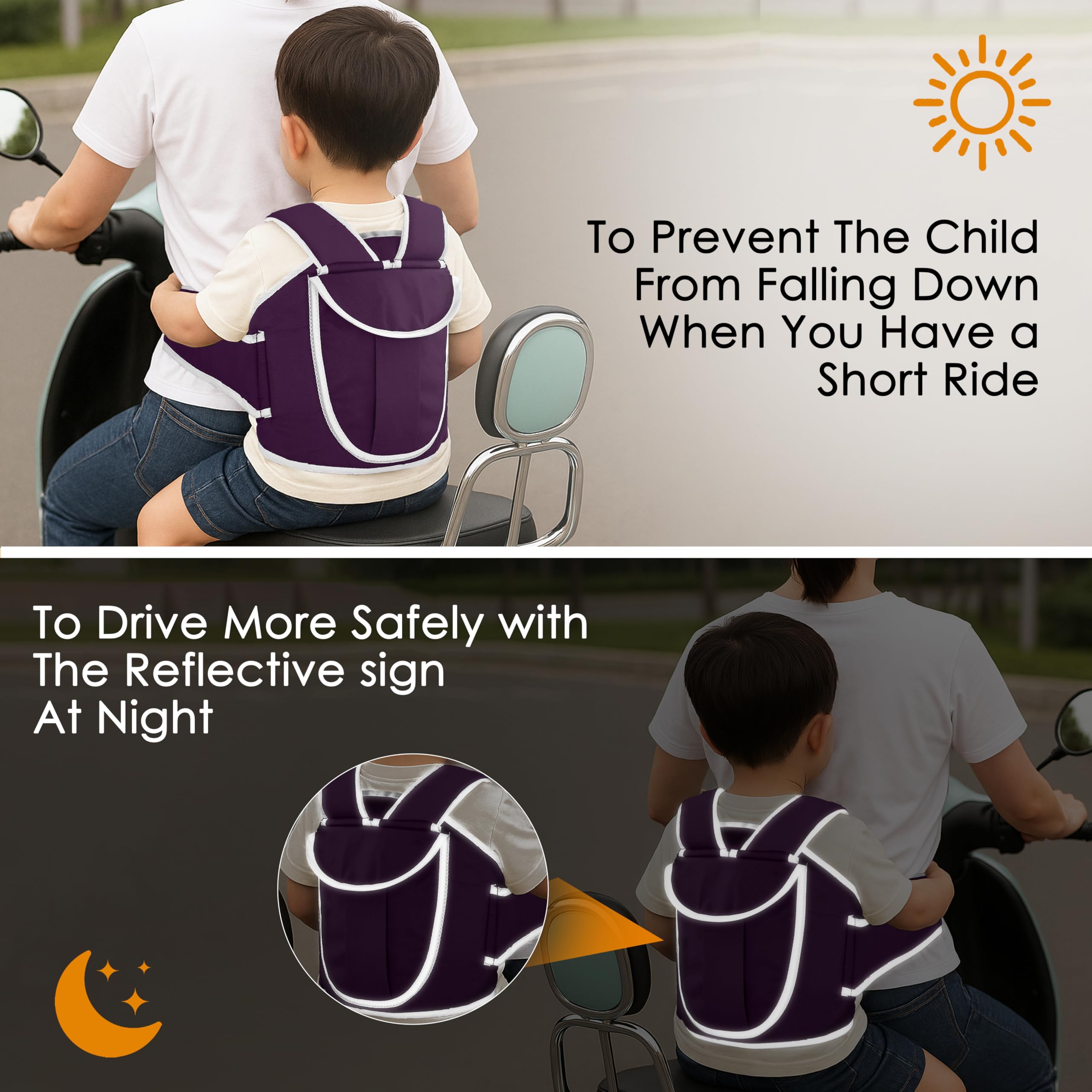BabyGo Kids Safety Belt for Two Wheeler with Reflective Strips, Portable Baby Safety Belt for 2 Wheeler| Double Buckles for Extra Safety for Kids (Purple) 3