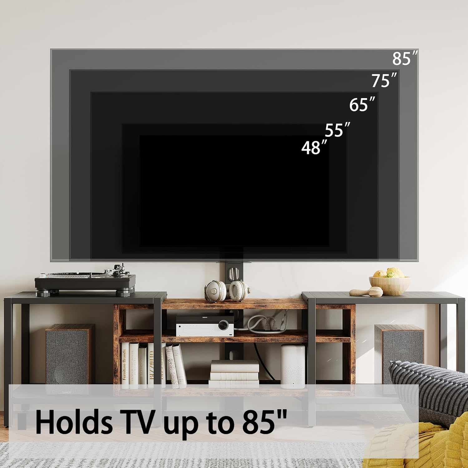 IRONCK 79 Inch TV Stand for TVs up to 85 Inch with Mount and Power Outlet, 3 Tiers TV Console with Storage Shelves, Entertainment Center, Steel Frame, for Living Room, Bedroom, Vintage Brown - Image 3