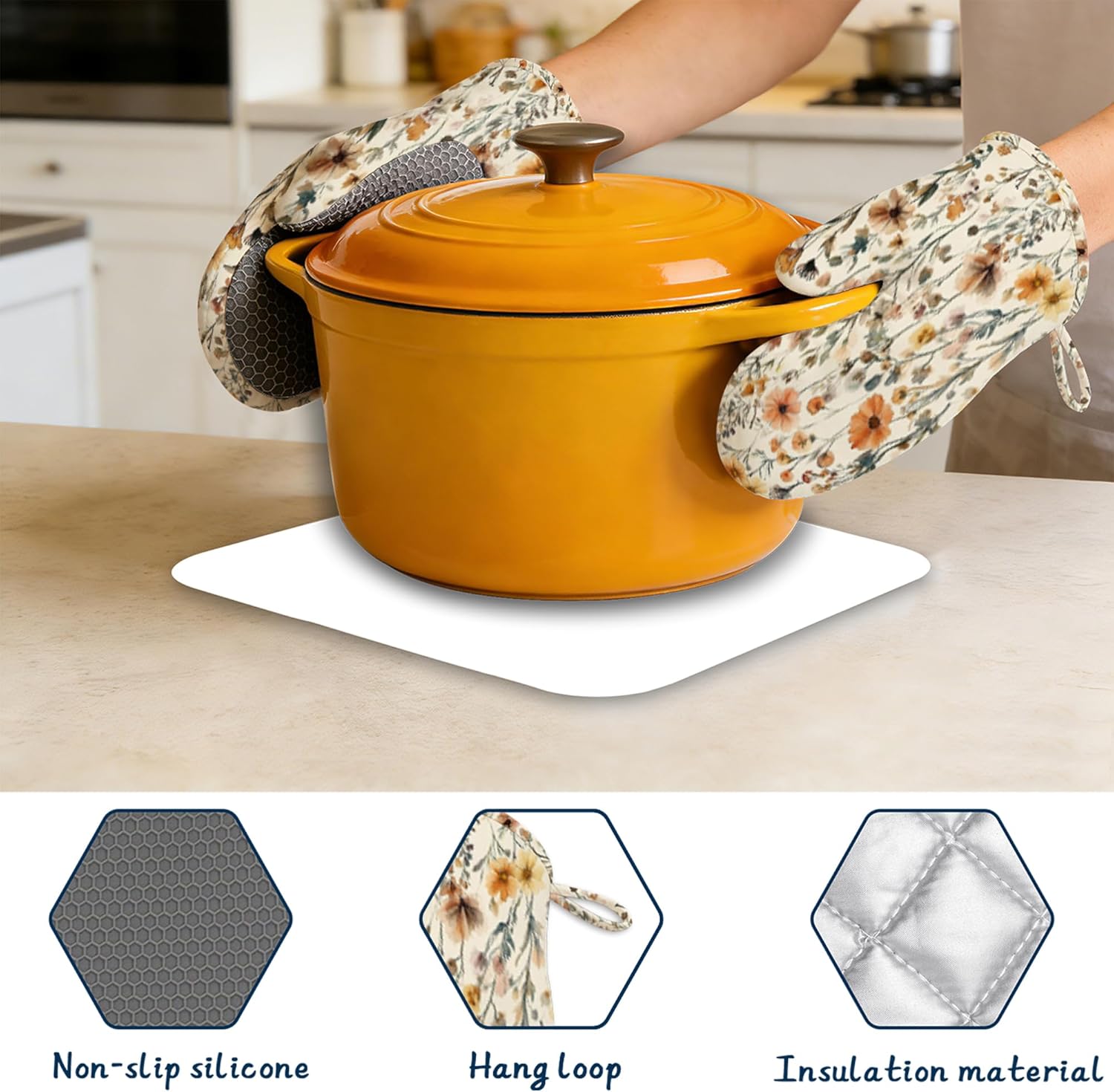 Kitchen Mitts Set,Rustic Floral Oven Mitts and Pot Holders Sets,Thick Cotton Heat Resistant Vintage Farmhouse Flower Hot Pan Holder Extra Long Cooking Mitts for Cooking Baking Grilling BBQ Bakeries