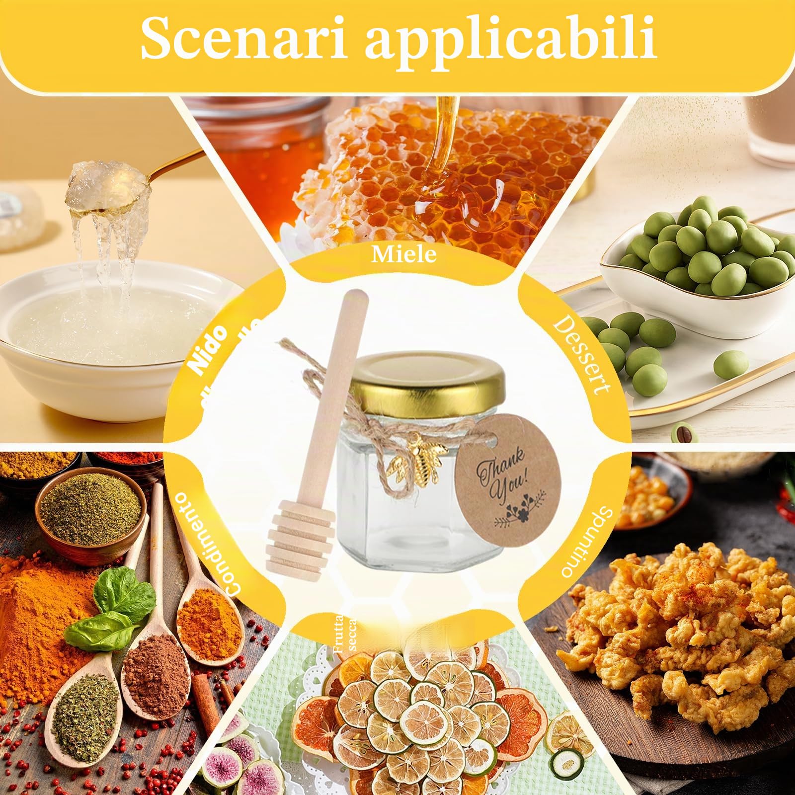 20 Pack 45ml Mini Vasetti per Miele Esagonali in Vetro, con Mestolo in Legno, Carte, Ciondolo a Forma di Ape, Ciocche di Canapa, Perfetto per baby shower, nozze e bomboniere di festa
