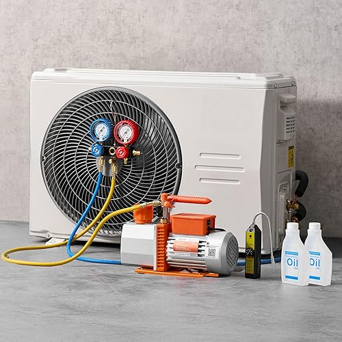Miniatura 8 de VEVOR Juego de bomba de vacío y medidor de CA, 7 CFM 34 HP, bomba de vacío HVAC de paletas rotativas de dos etapas, kit de manómetro de colector de