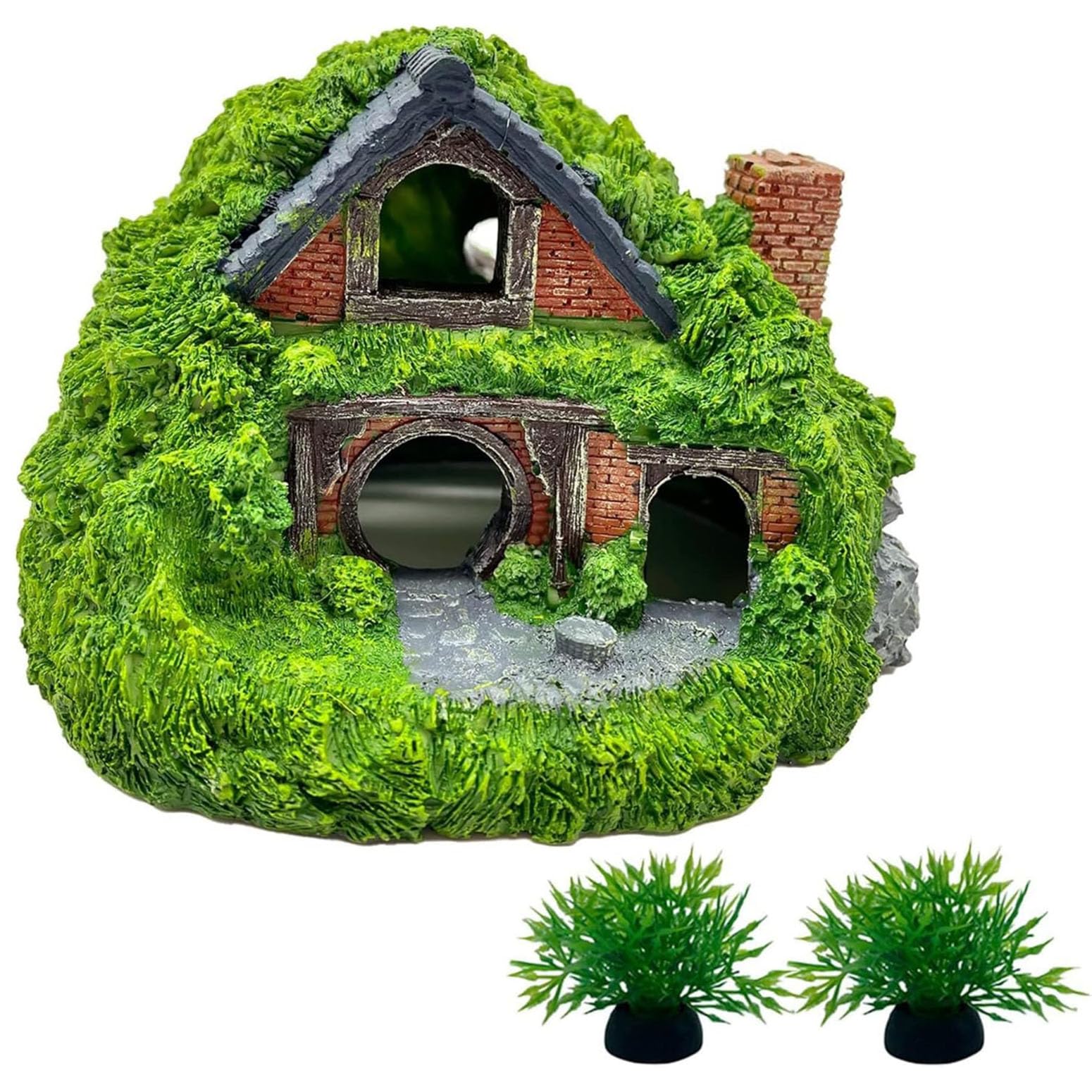 XinYangMao Aquarium Decor Resin Hobbit House Hideout Cave, Hollow Hole Shelter Fish Tank Hut Ornaments, Mini Garden Landscaping Accessories for Betta Fish