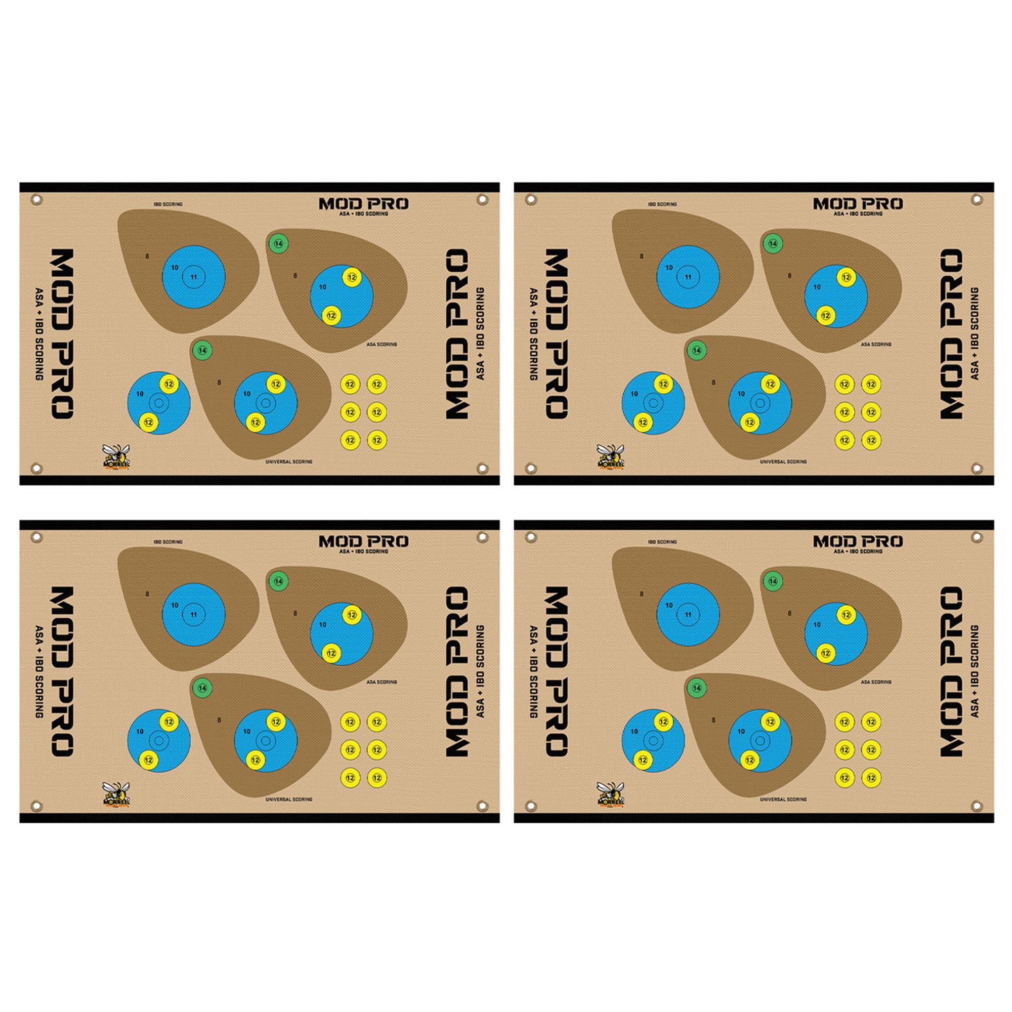 Morrell Yellow Jacket MOD Pro ASA and IBO Shooting Bullseyes with Universal Scoring, Grommets, & Hook & Loop Fastener for Archery Target, 4 Pack, Tan