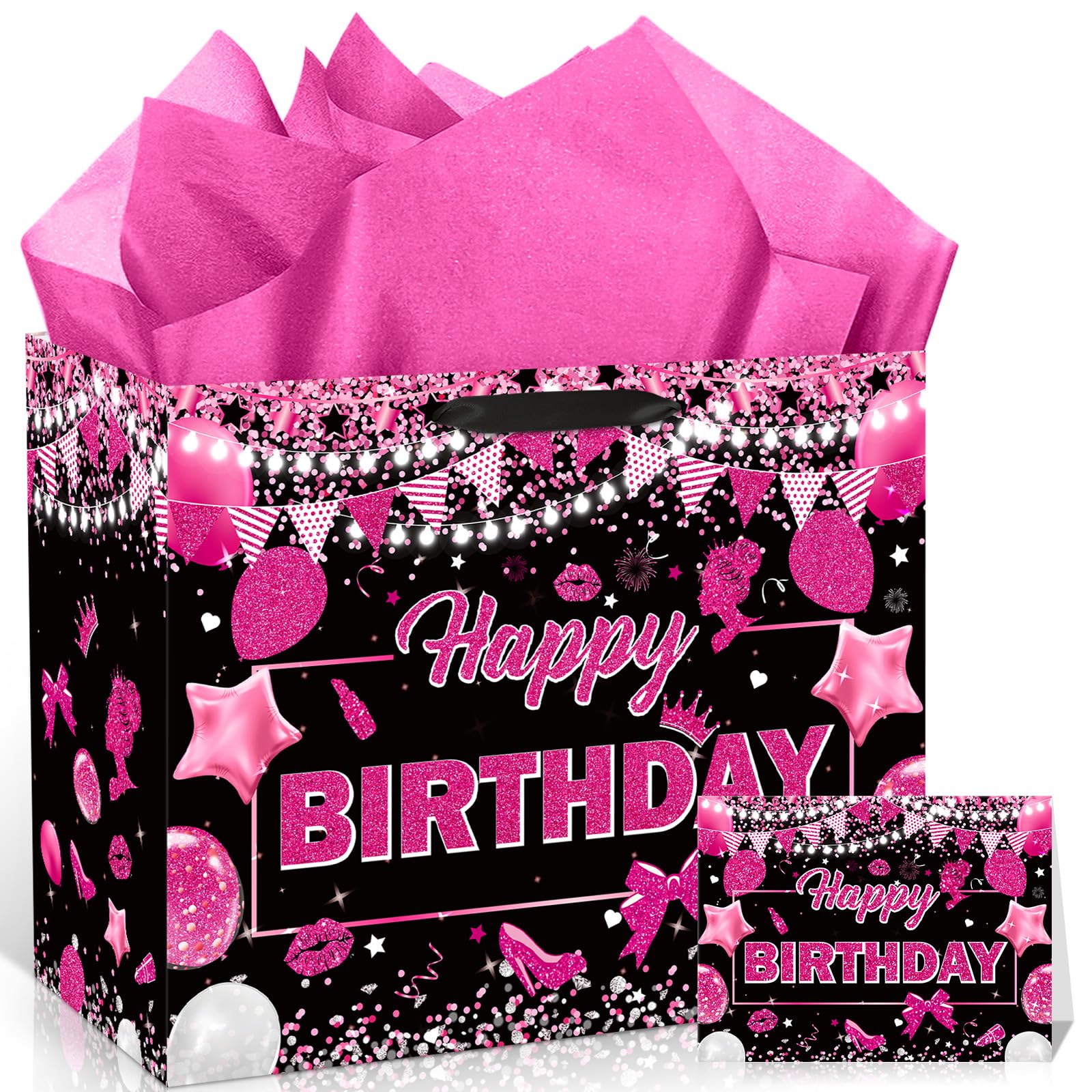 Pink Birthday Gift Bag Large Black and Pink Happy Birthday Gift Bag with Card and Tissue Paper Black Hot Pink Party Supplies Goodie Wrapping Bag for